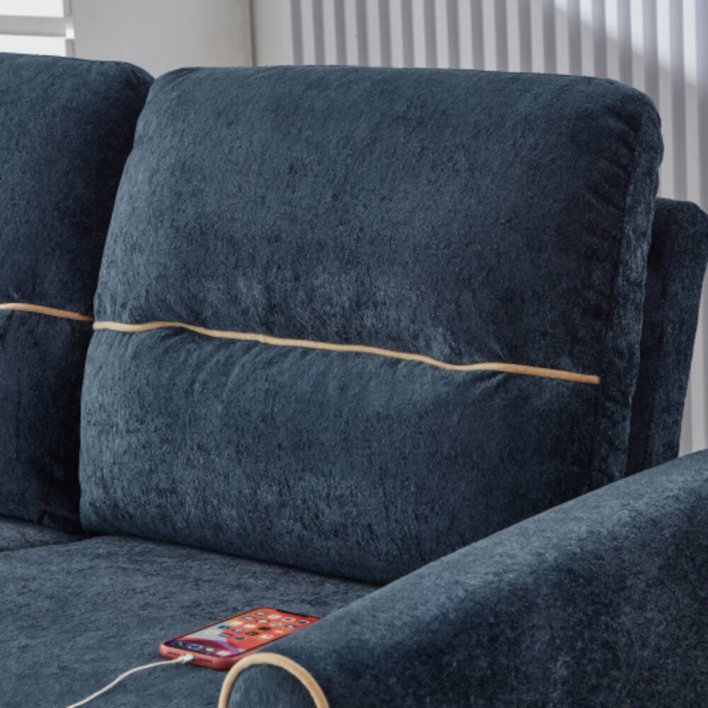Alt View 4. LUCKY ONE - 58" Chenille Pull-Out Sleeper Loveseat Sofa Bed w/ Adjustable Backrest 4 Pockets USB - Blue.