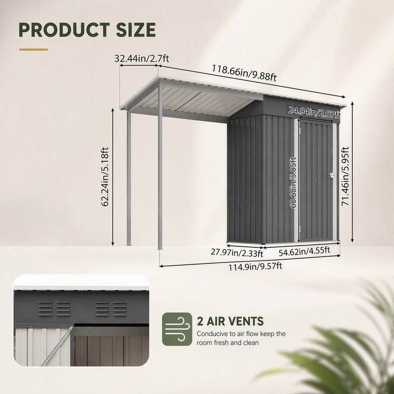 PRODUCT SIZE  
32.44in/2.7ft  
62.24in/5.18ft  
118.66in/9.88ft  
24.94in/2.07ft  
60.68in/5.05ft  
71.46in/5.95ft  
27.97in/2.33ft  
54.62in/4.55ft  
114.9in/9.57ft  

2 AIR VENTS  
Conducive to air flow keep the room fresh and clean