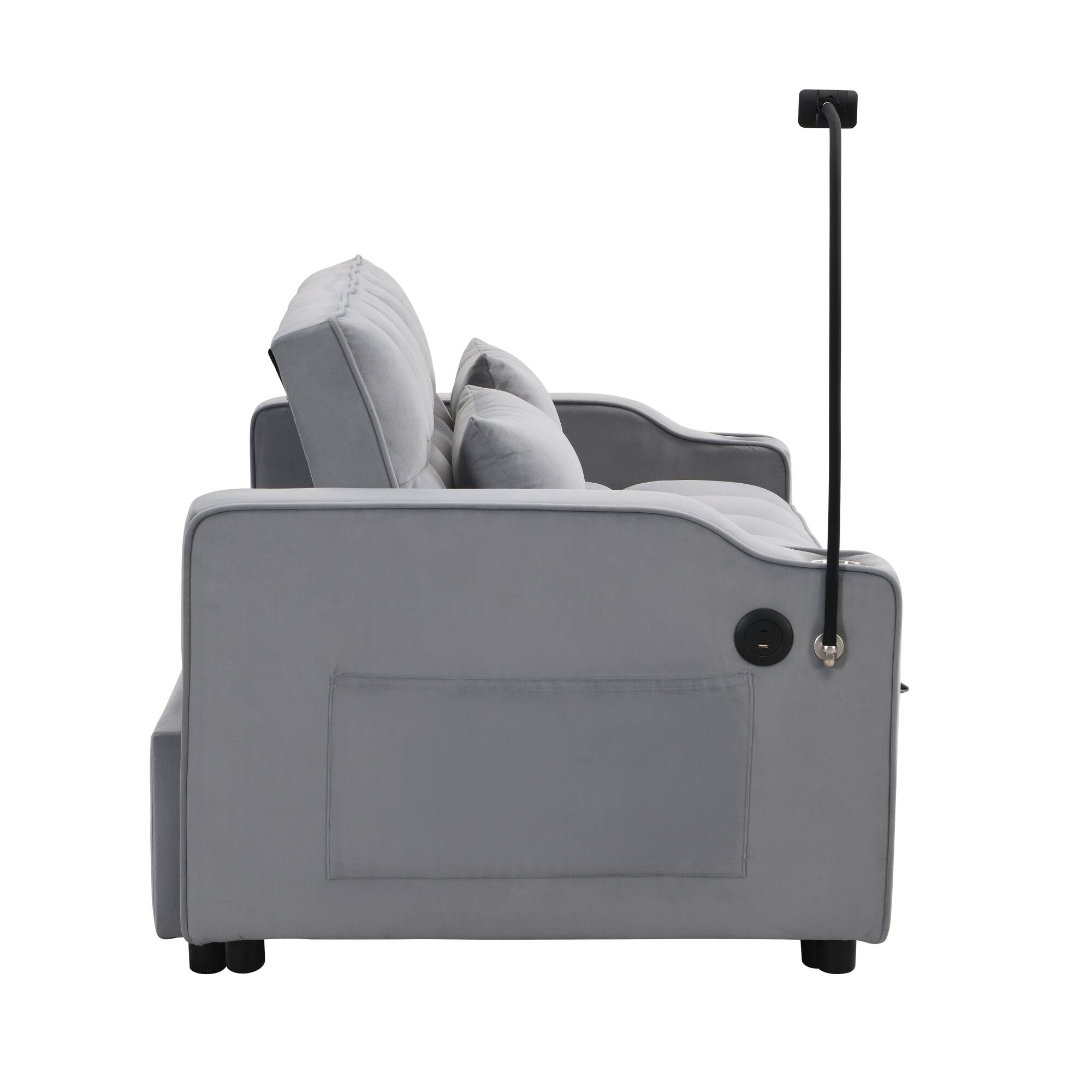 Alt View 2. GOODSILO - Convertible Velvet Sofa Bed with Adjustable Backrest, USB Ports, and Storage Pockets for Compact Living Spaces - Light Gray.
