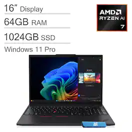 Lenovo - Upgraded - ThinkPad T16 Gen 4 Laptop - 16" FHD+ AI PC - AMD Ryzen AI 7 PRO with 64GB Memory - 1TB SSD - Windows 11 Pro - Black