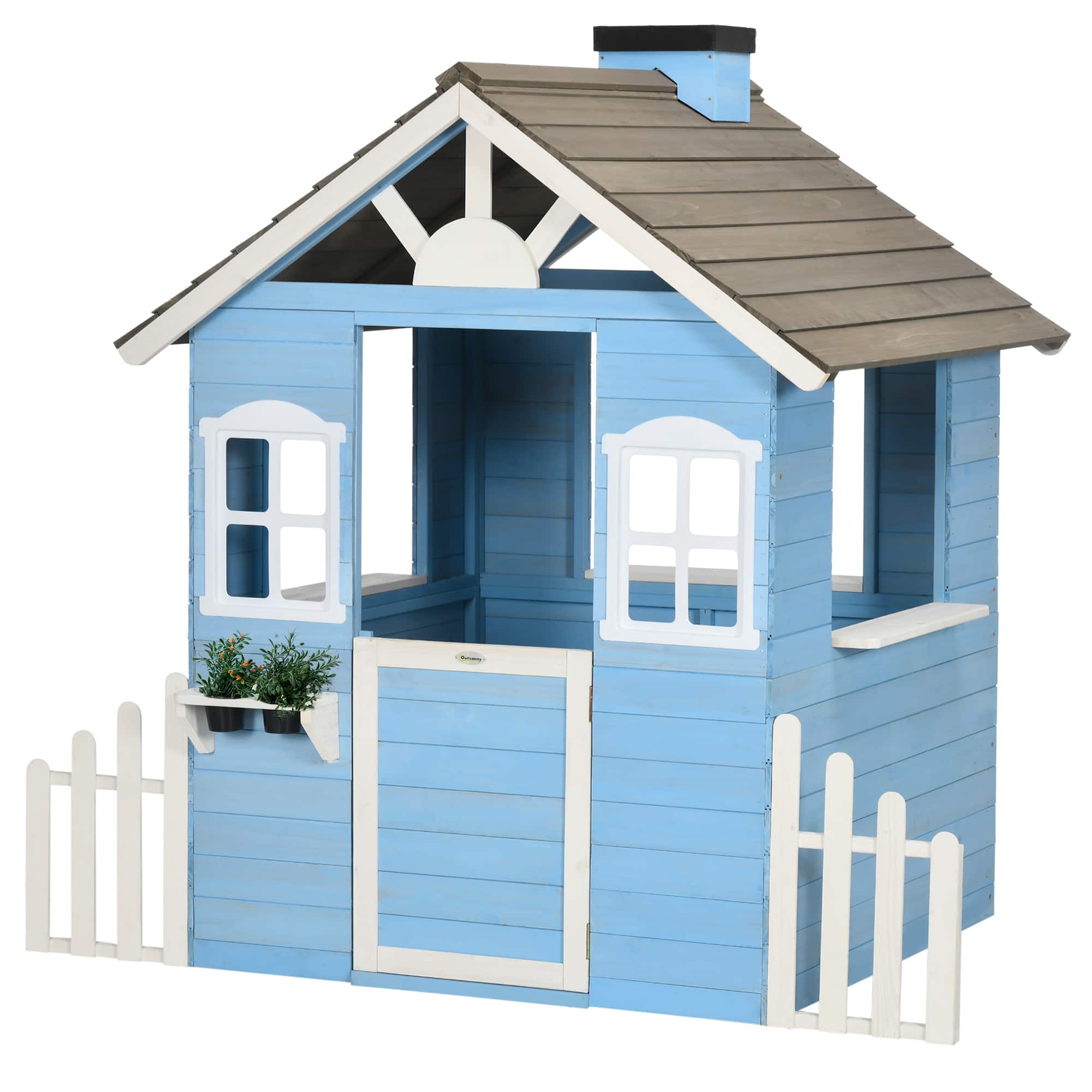 Outsunny - Playhouse for Kids Outdoor, Country Style Wooden, Flower Pot Holders, Working Door, Windows, 3-7 Years