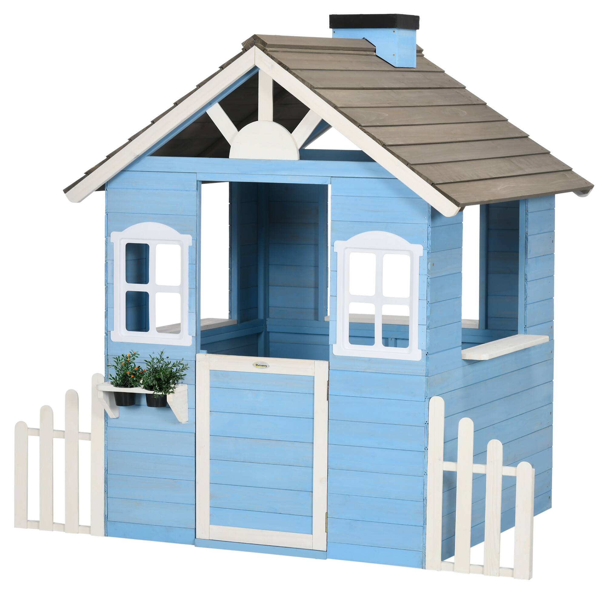 Front. Outsunny - Playhouse for Kids Outdoor, Country Style Wooden, Flower Pot Holders, Working Door, Windows, 3-7 Years.