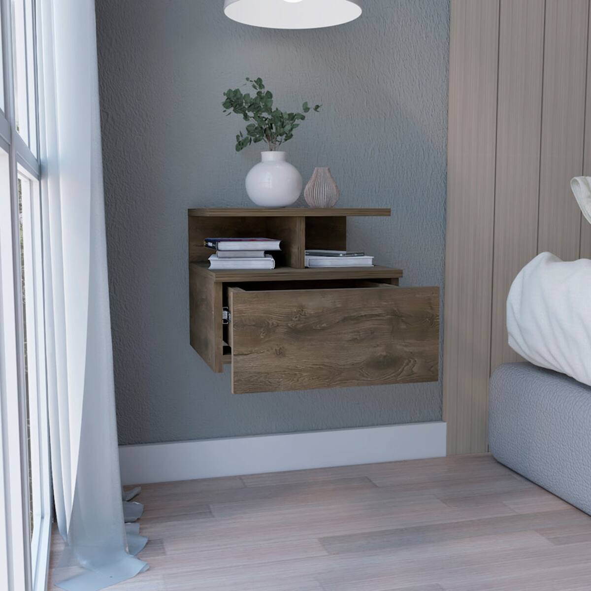 Angle. Loheer - Loheer Floating Nightstand with Drawer, Two-Tier Shelf, Dark Walnut, 12-Inch Height - Brown.