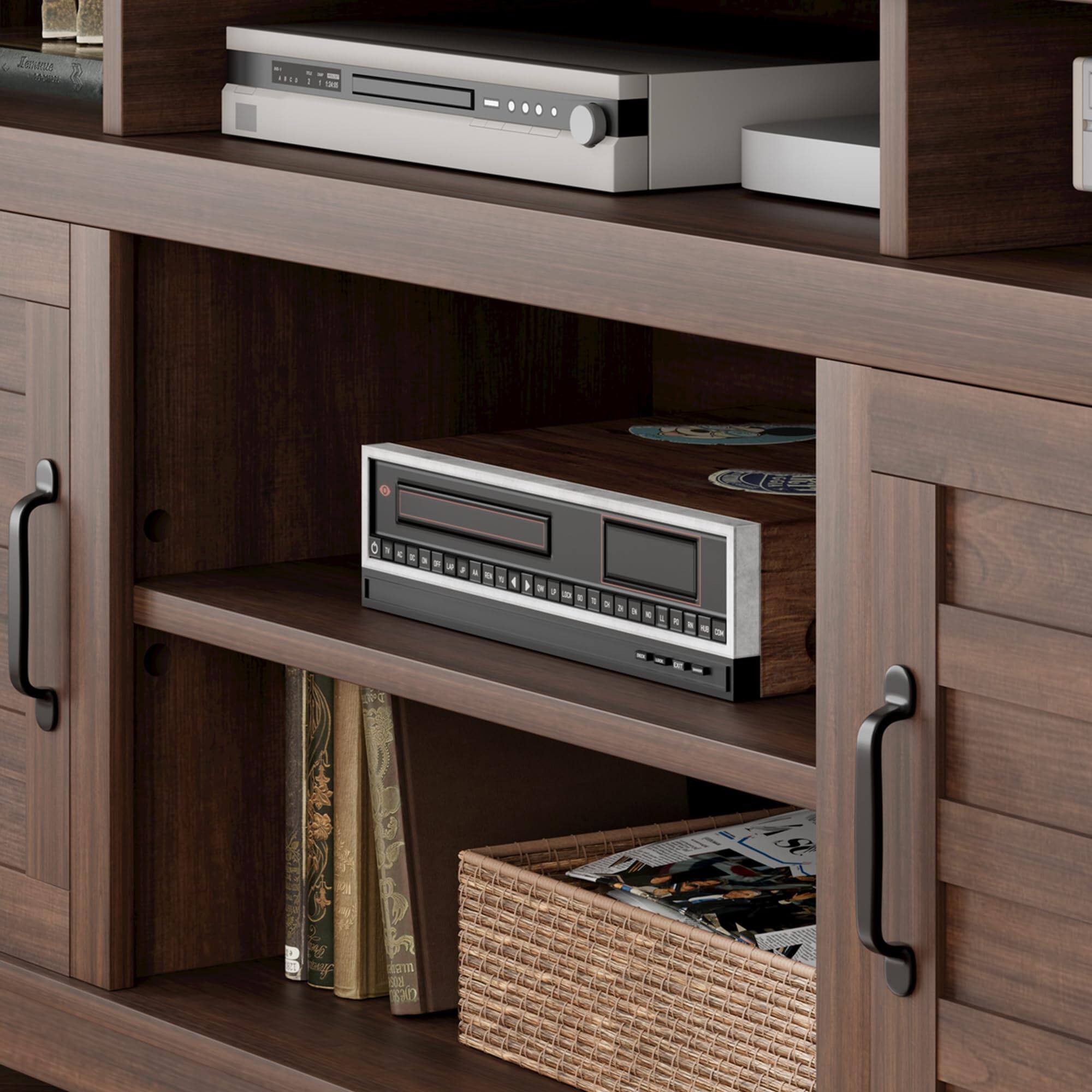 Left. Qeetex - 70.9" Farmhouse TV Stand for 80" TVs, Entertainment Center with Adjustable Shelves & Cabinet Doors for Living Room - Brown.