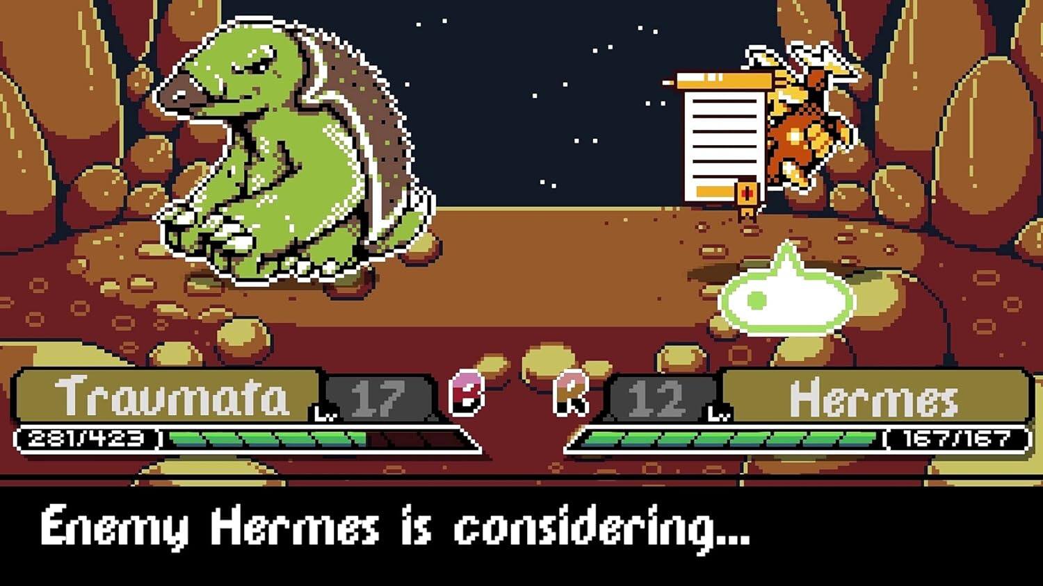 Traumata Lv 17 281/423  
B R 12  
Hermes Lv 167/167  
Enemy Hermes is considering...