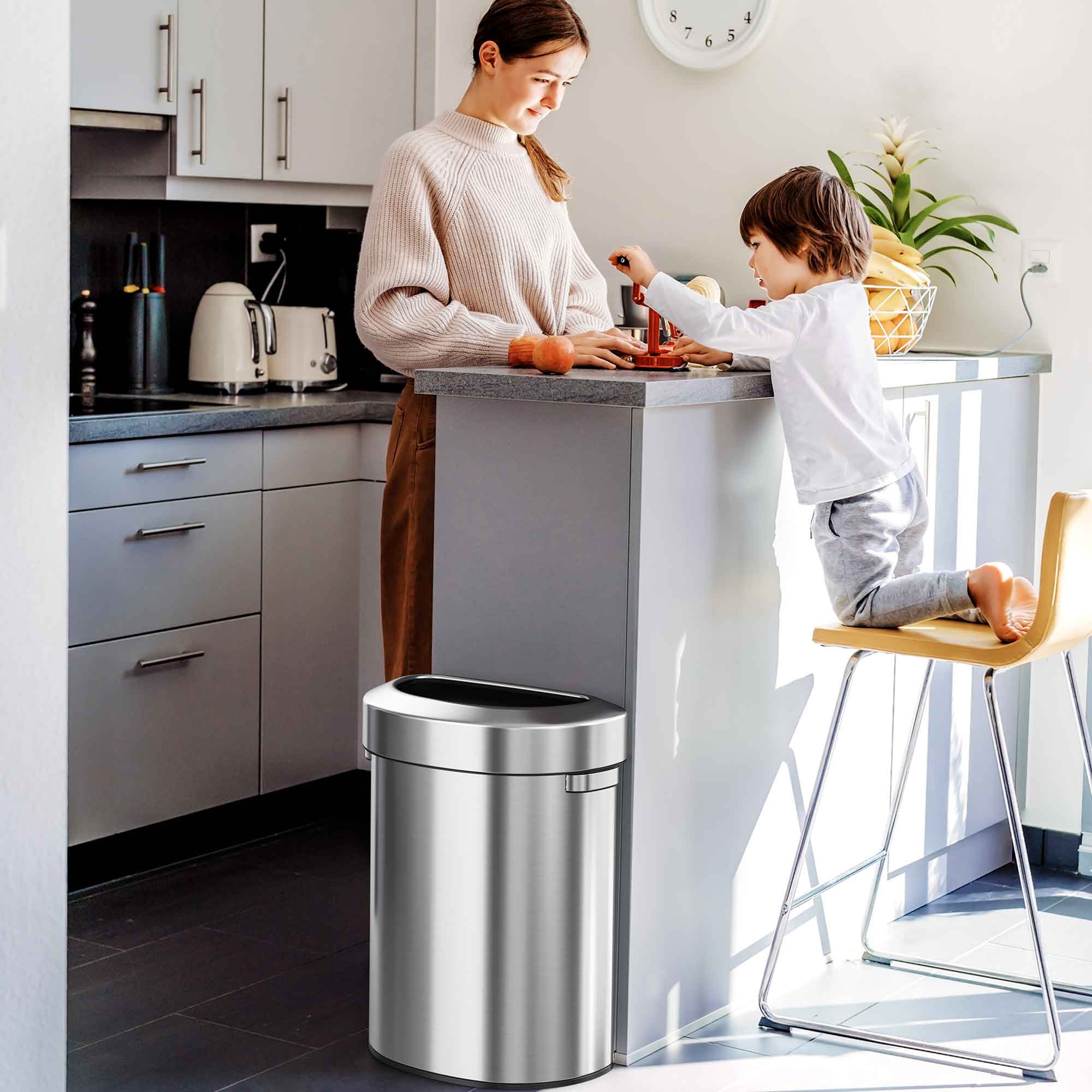 Back. iTouchless - 18 Gallon Stainless Steel Semi-Round Open Top Kitchen Trash Can - Silver.