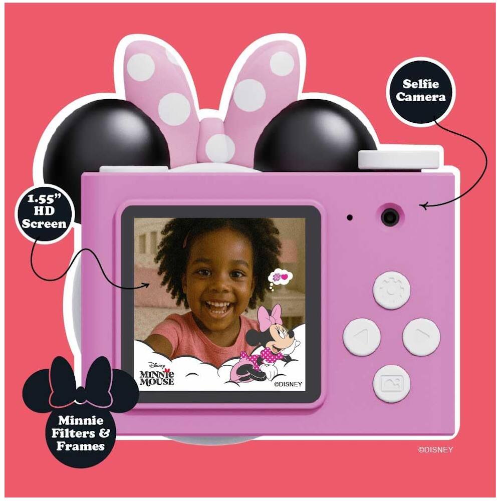 Selfie Camera  
1.55" HD Screen  
Disney Minnie Mouse  
Minnie Filters & Frames