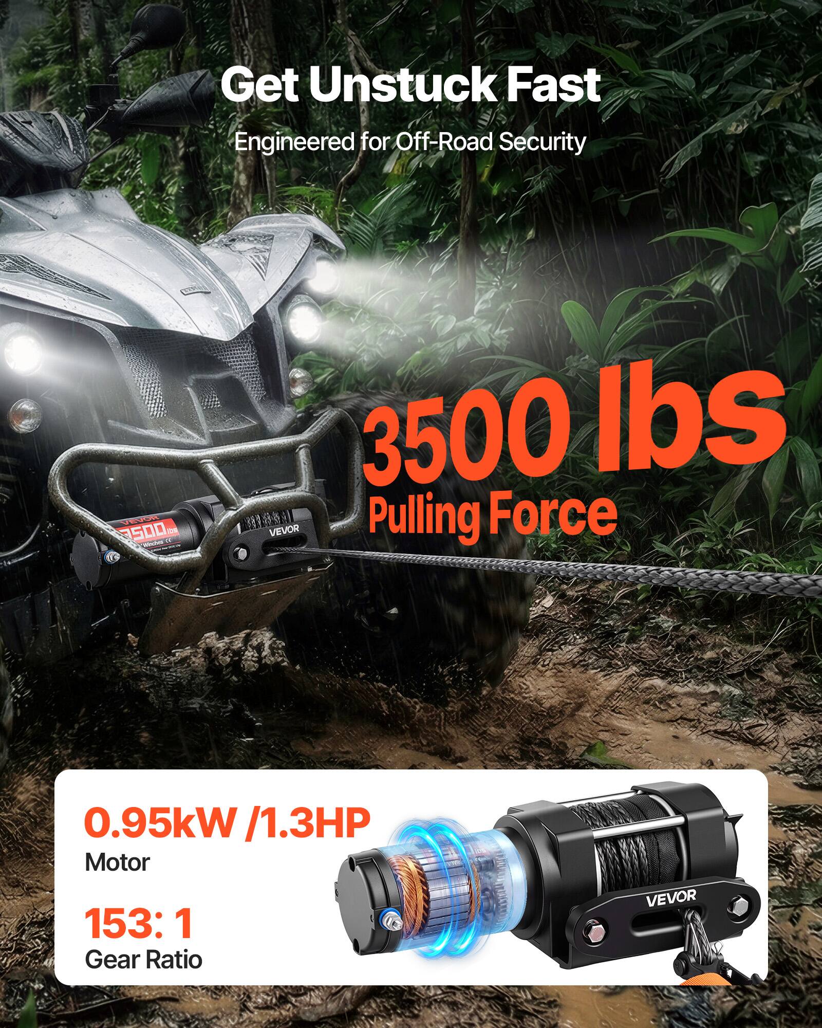 Get Unstuck Fast  
Engineered for Off-Road Security  

3500 lbs Pulling Force  

0.95kW / 1.3HP Motor  
153:1 Gear Ratio