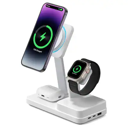 The image features a charging station with two devices: an iPhone and an Apple Watch. The iPhone is placed on a stand, while the Apple Watch is charging on a separate stand. The charging station is displaying a 75% charge status for both devices.