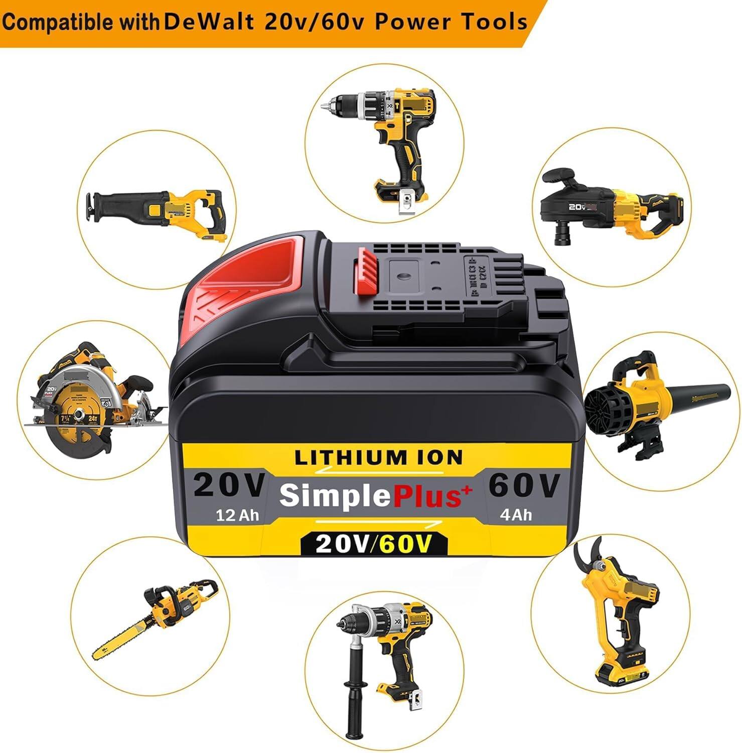 Compatible with DeWalt 20v/60v Power Tools

LITHIUM ION  
20V SimplePlus+  
12 Ah  
60V  
4Ah  
20V/60V