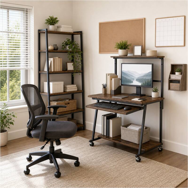 Angle. WELLFOR - Small Computer Desk with Charging Station and LED Lights, Mobile Office Desk with Keyboard Tray & Hutch Shelf - Rustic Brown.