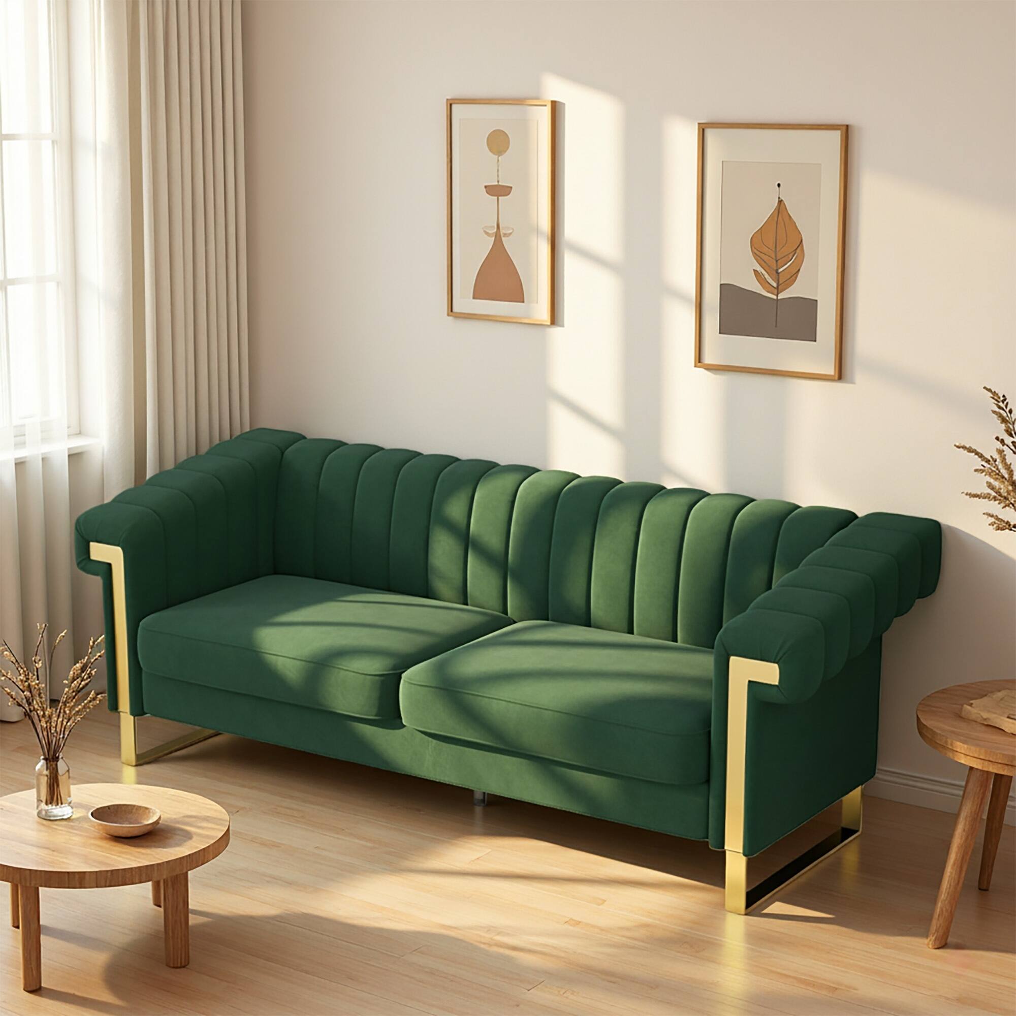 Photos - Sofa Modern Anysun -  3-Seat Cream Velvet  with Gold Accents - Channel-Tufted for Living Room & Office. - Green AS-HLS5S01025 
