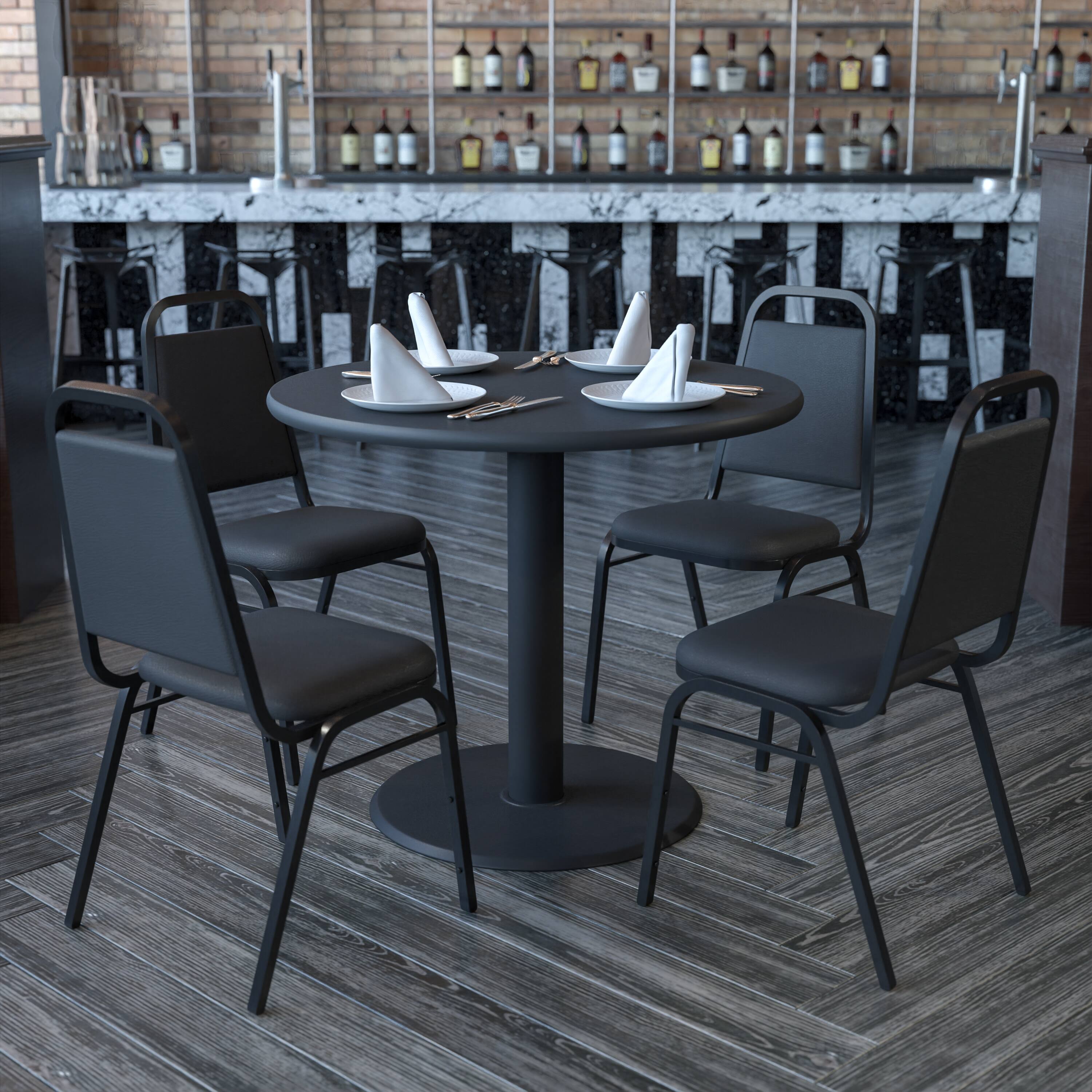 Alt View 1. Emma + Oliver - 36" Round Laminate X-Base Table Set with 4 Banquet Chairs - Black Top/Black Vinyl Seat.