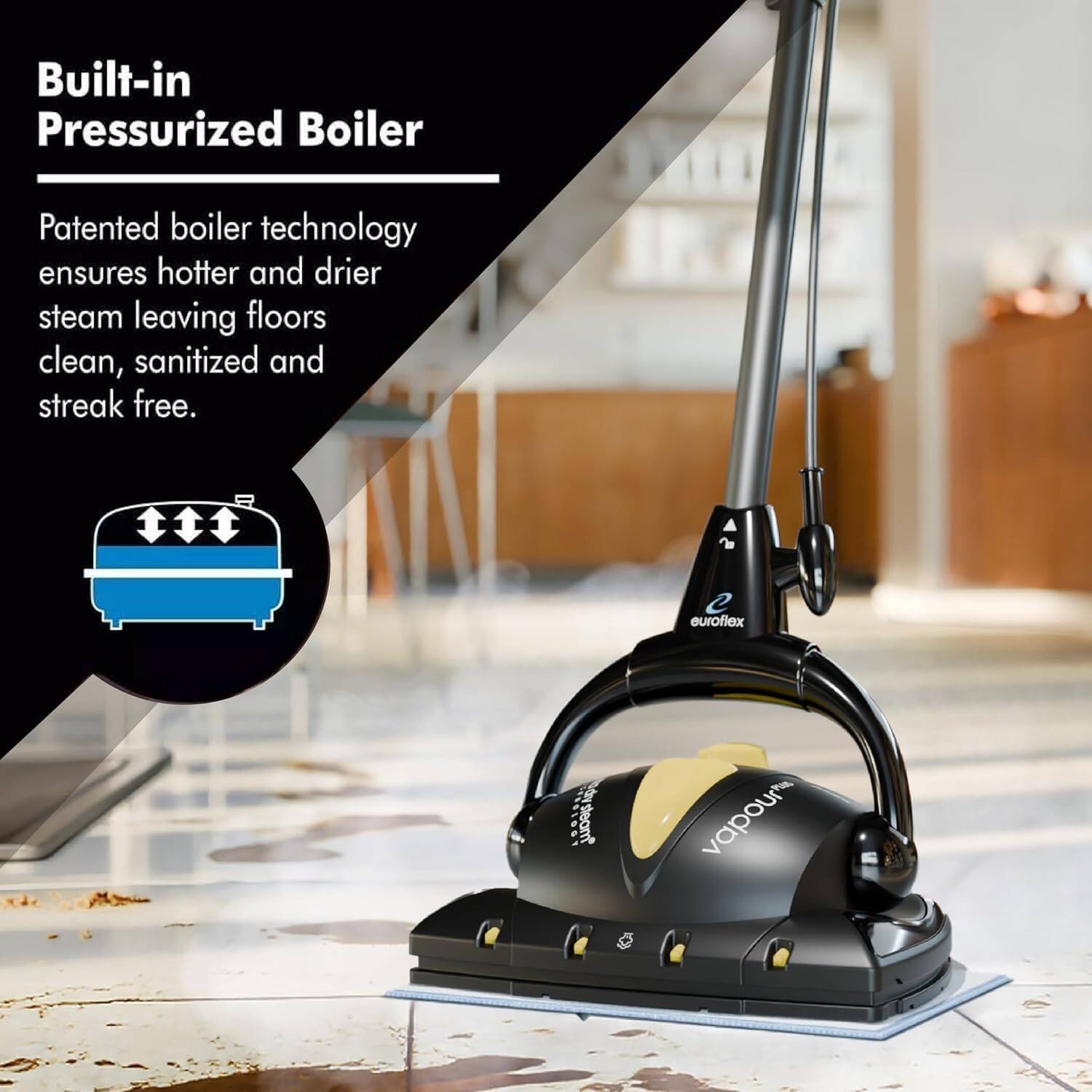 Built-in Pressurized Boiler
Patented boiler technology ensures hotter and drier steam leaving floors clean, sanitized and streak free.
e euroflex vapour