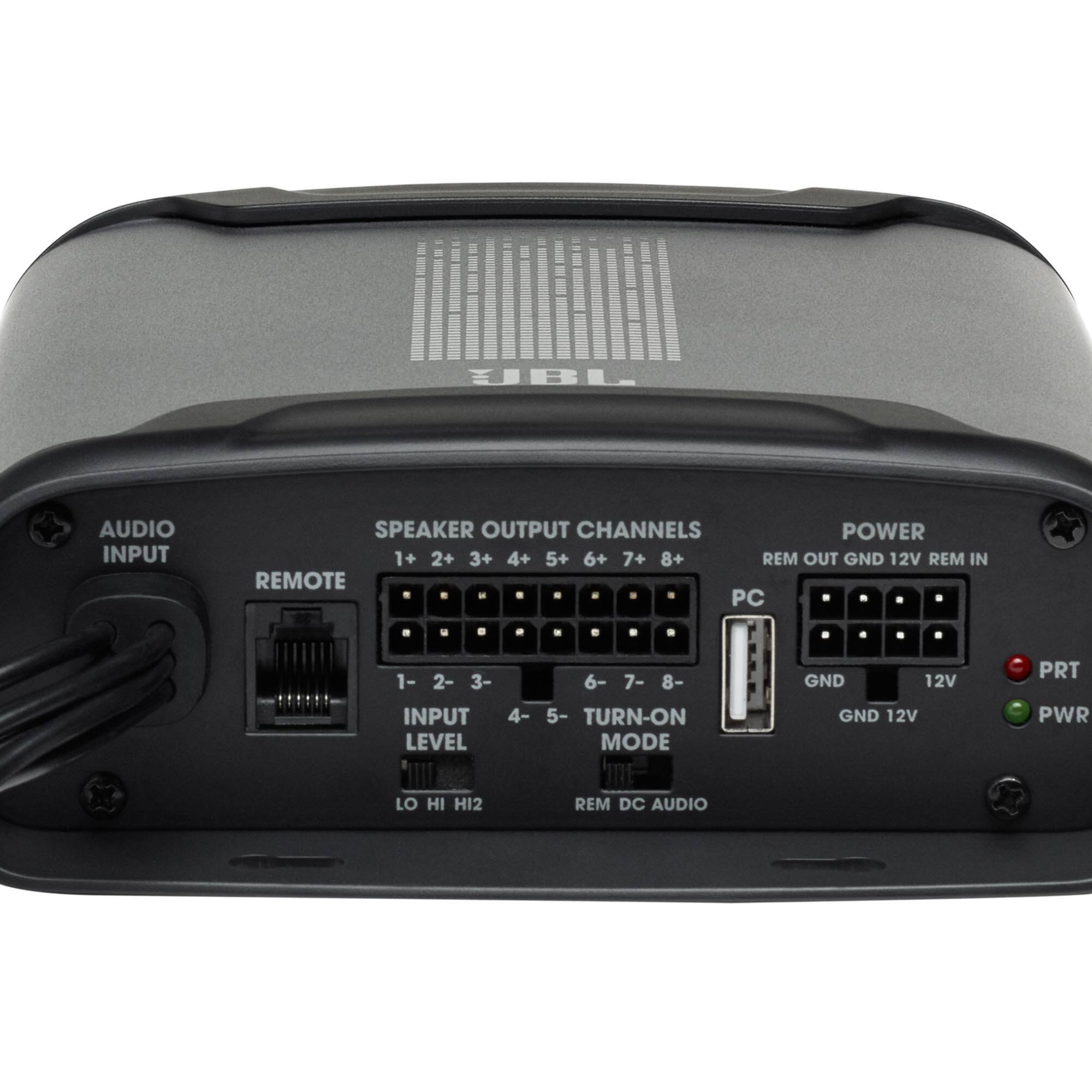 JBL AUDIO INPUT SPEAKER OUTPUT CHANNELS POWER 1+ 2+ 3+ 4+ 5+ 6+ 7+ 8+ REM OUT GND 12V REM IN REMOTE . - - - . - PC .  . . - - . . . 1- 2- 3- INPUT LEVEL 4- 6- 7- 8- 5- TURN-ON MODE GND 12V GND 12V PRT PWR LO HI H12 REM DC AUDIO