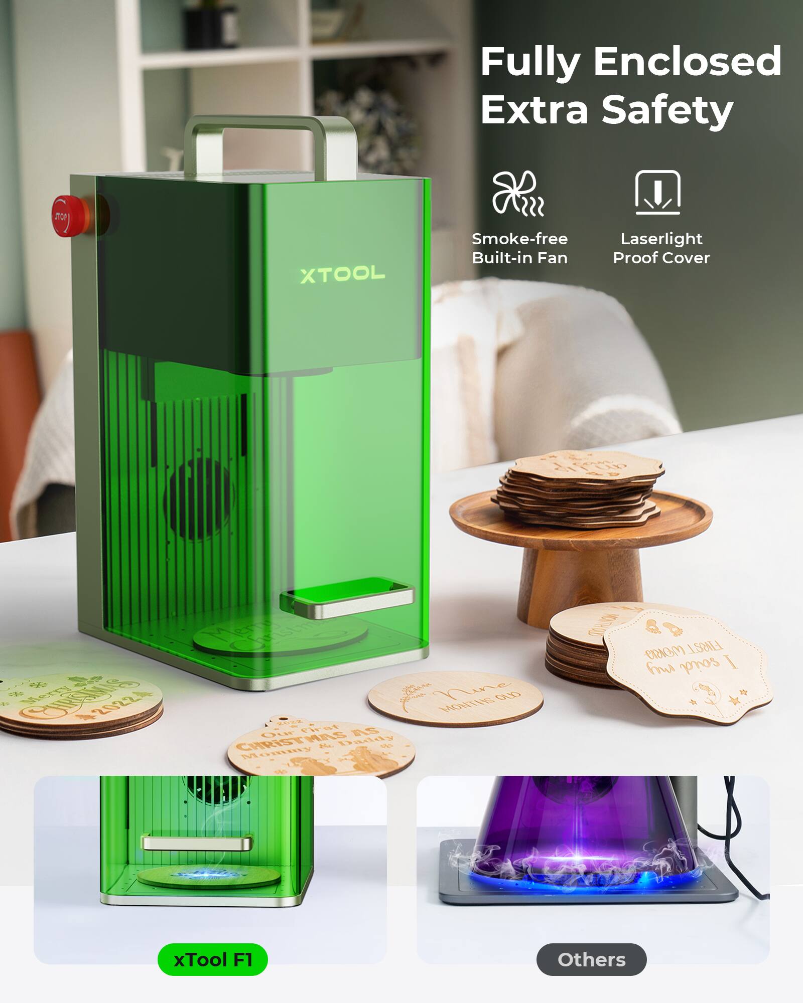 Fully Enclosed Extra Safety  
Smoke-free Built-in Fan  
Laserlight Proof Cover  

xTool F1  
Others