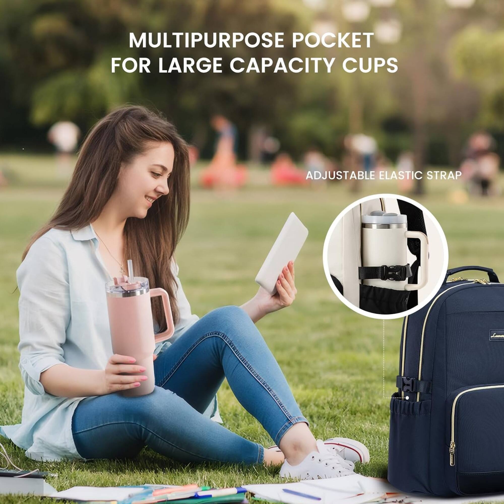 MULTIPURPOSE POCKET FOR LARGE CAPACITY CUPS  
ADJUSTABLE ELASTIC STRAP
