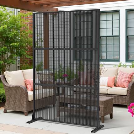 Front. PexFix - 72 in. x 47 in. Rattan Vertical Pattern Metal Outdoor Privacy Screen & Panels, Freestanding Garden Divider Fence - Black.