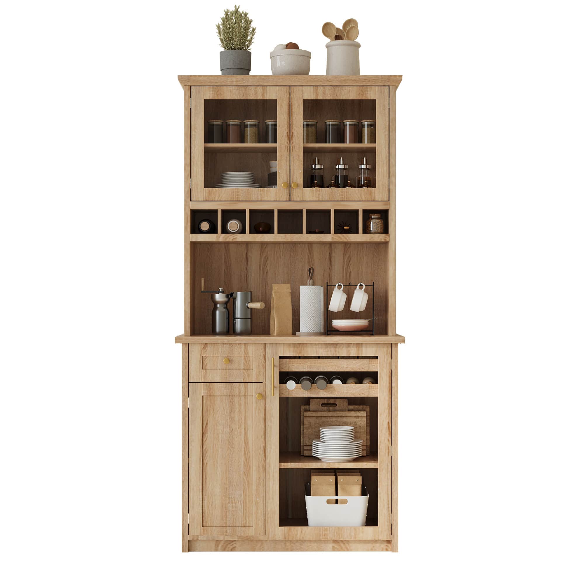 Spaco - 35" Farmhouse Pantry Cabinet Buffet, Freestanding Kitchen Hutch with Wine Rack, Adjustable Shelves for Dining Room - Natural