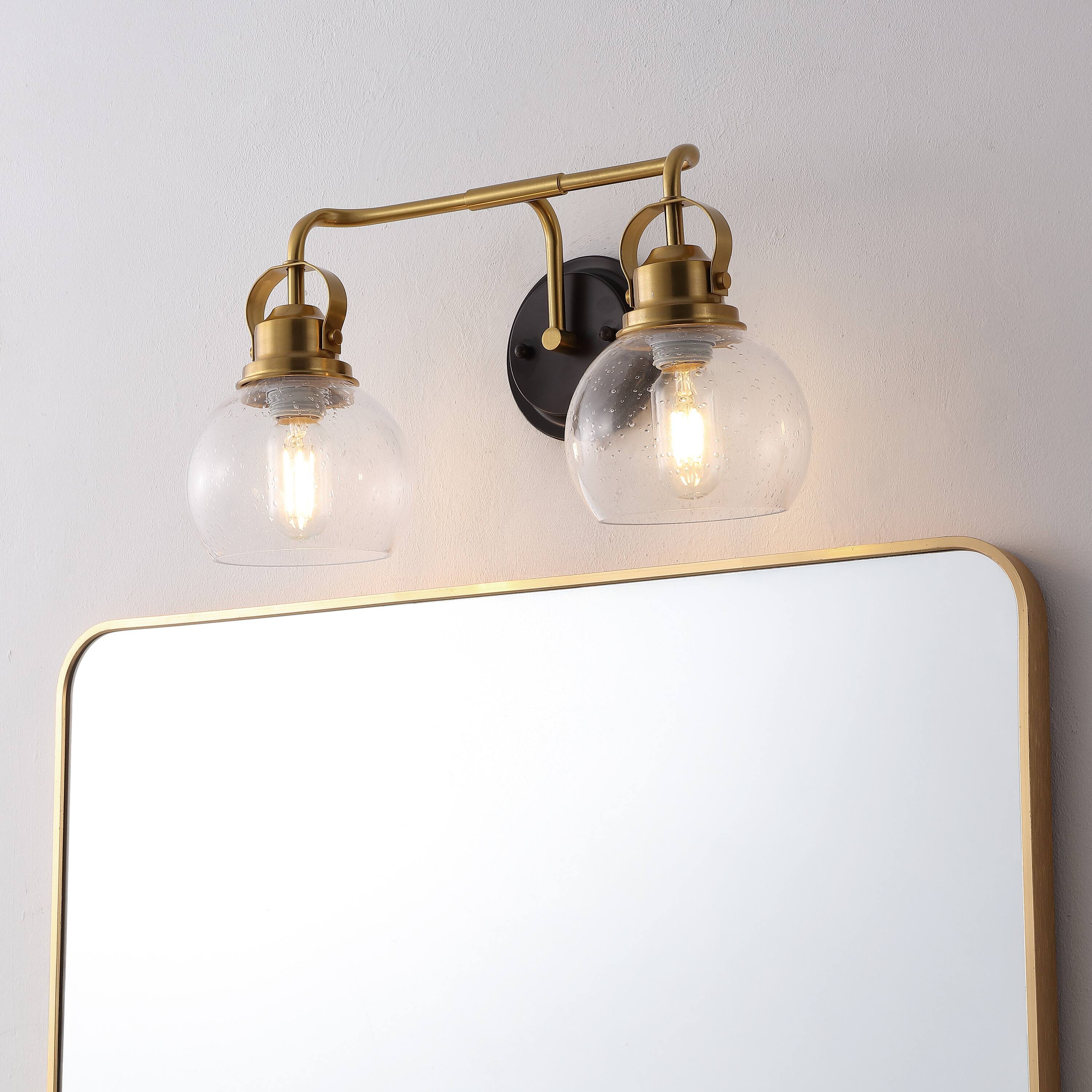 Alt View 1. Jonathan Y - Shirley 17.5" 2-light Farmhouse Metal LED Vanity Light with Seeded Glass Globe Shades, Brass Gold/Oil Rubbed Bronze - Brass Gold/Oil Rubbed Bronze.