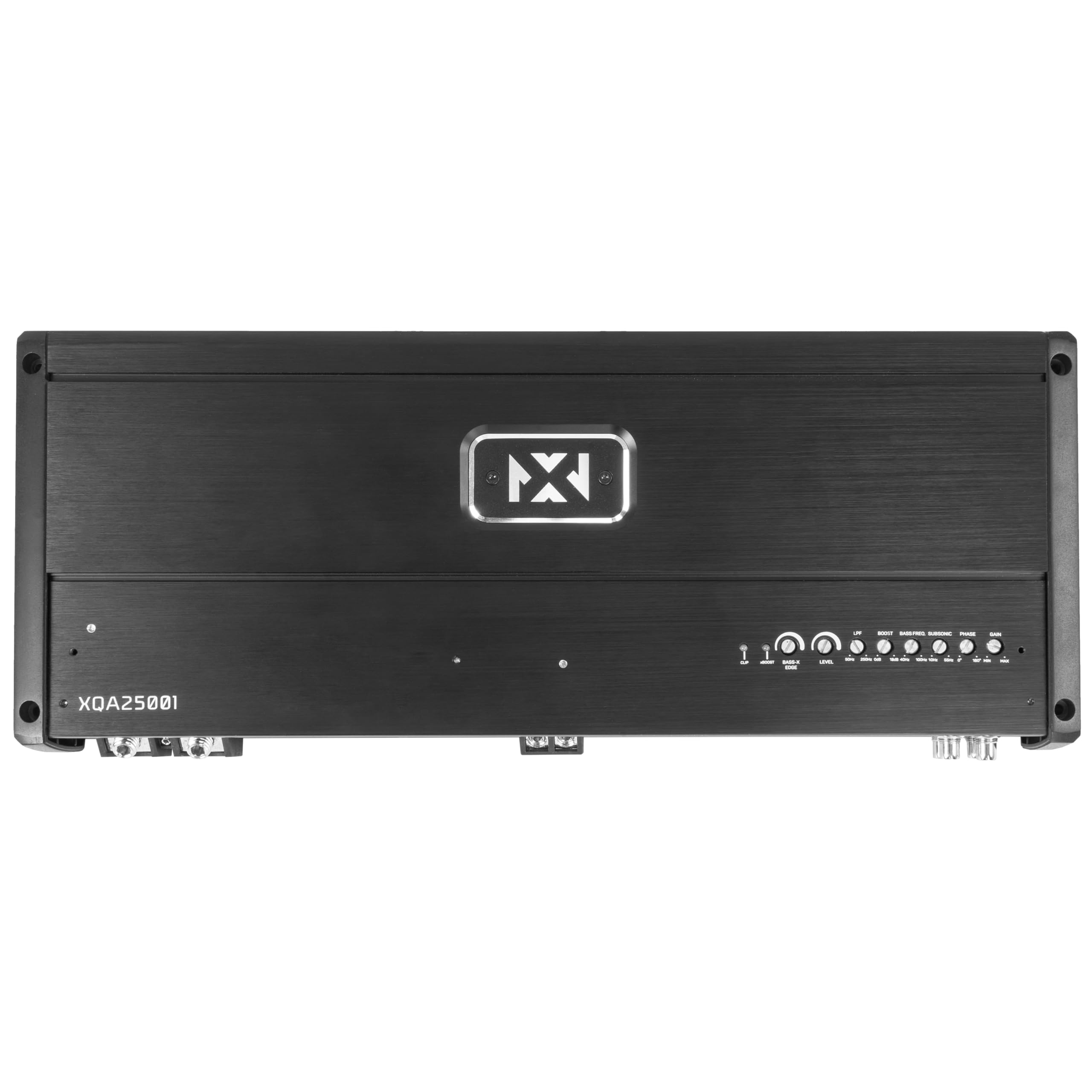 Left. NVX - XQA25001 Monoblock Amplifier 2500W RMS – XQ-Series SQ Class D 1-Ohm Stable Strappable Amp with X-Boost Bass Circuit.