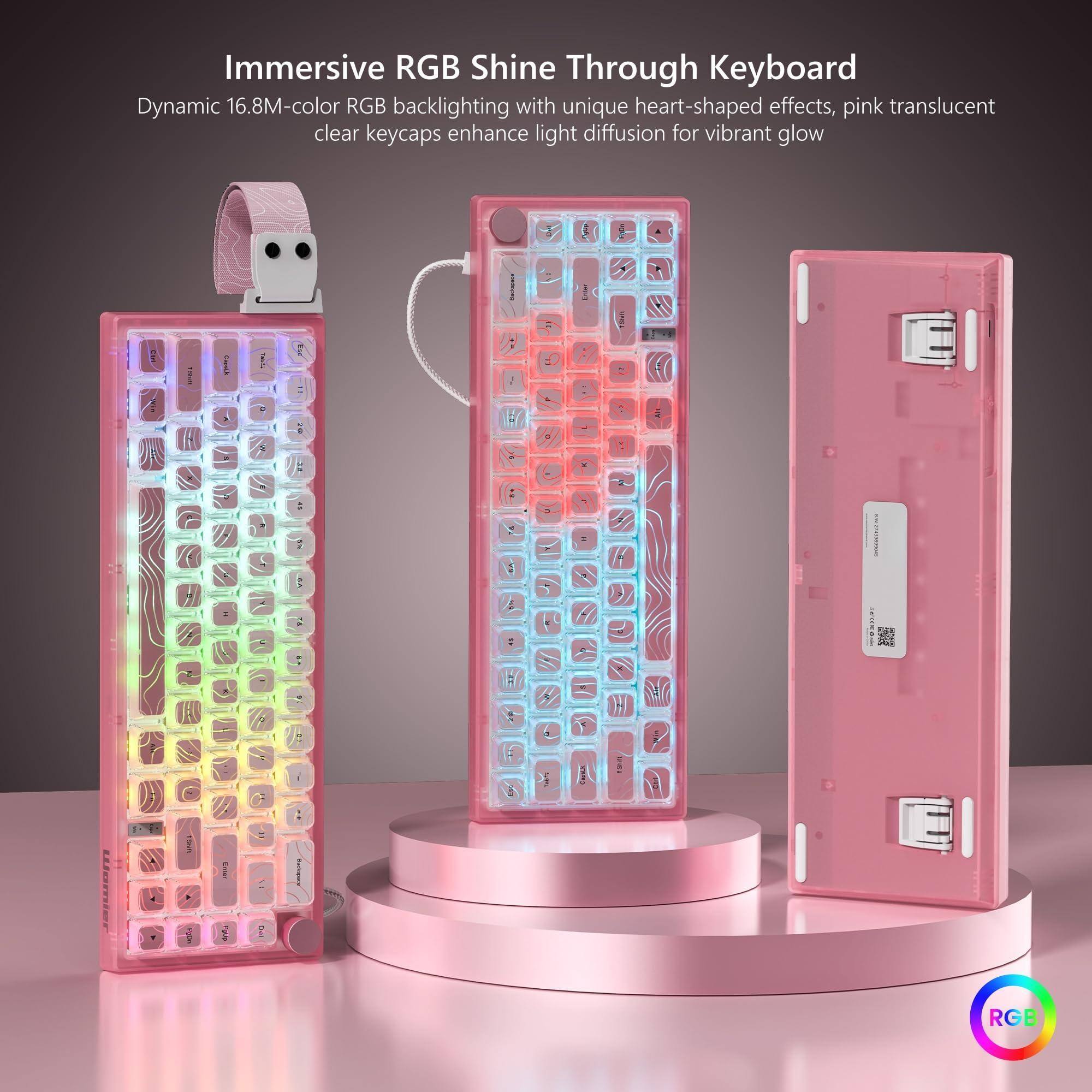 Immersive RGB Shine Through Keyboard

Dynamic 16.8M-color RGB backlighting with unique heart-shaped effects, pink translucent clear keycaps enhance light diffusion for vibrant glow