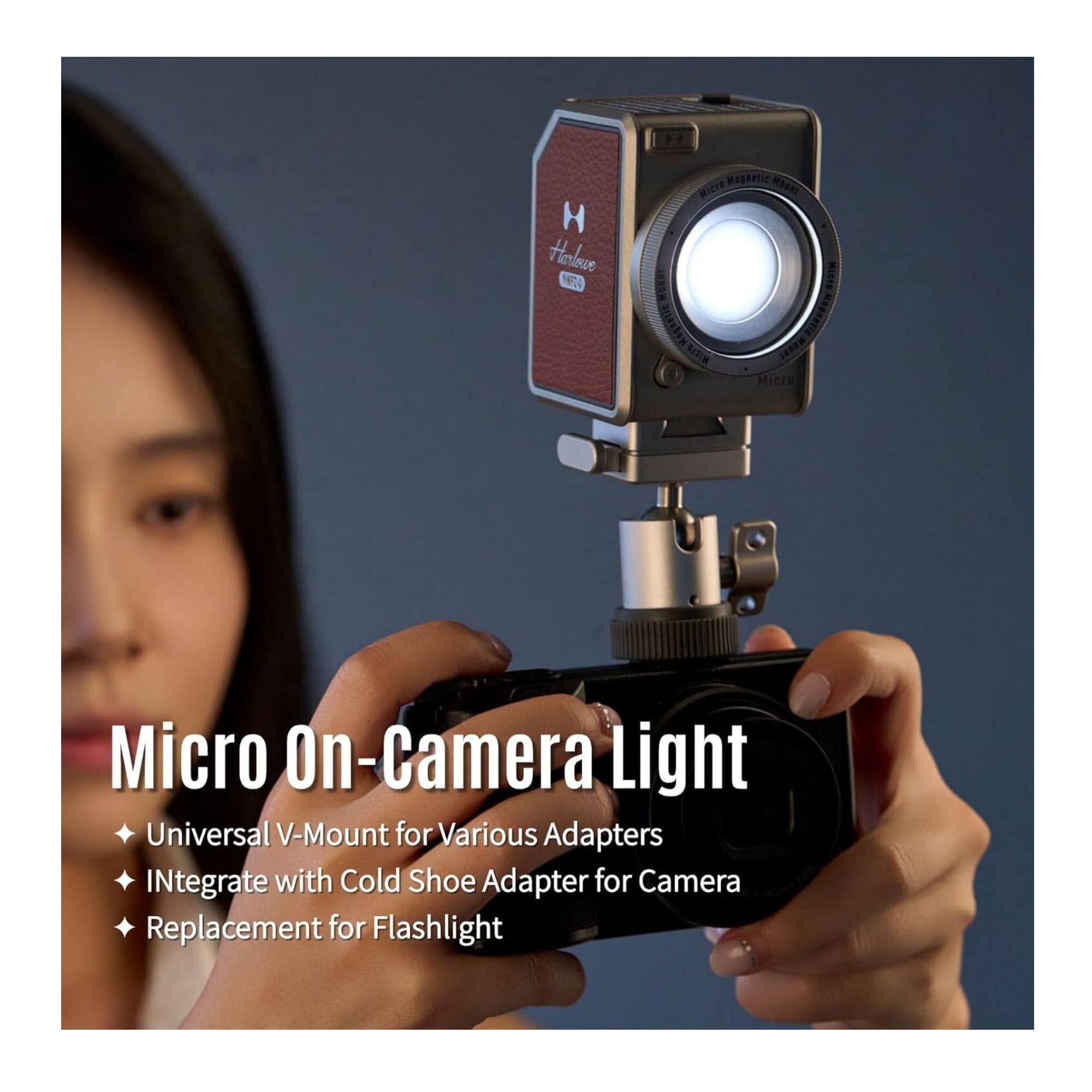 Micro On-Camera Light

- Universal V-Mount for Various Adapters
- Integrate with Cold Shoe Adapter for Camera
- Replacement for Flashlight