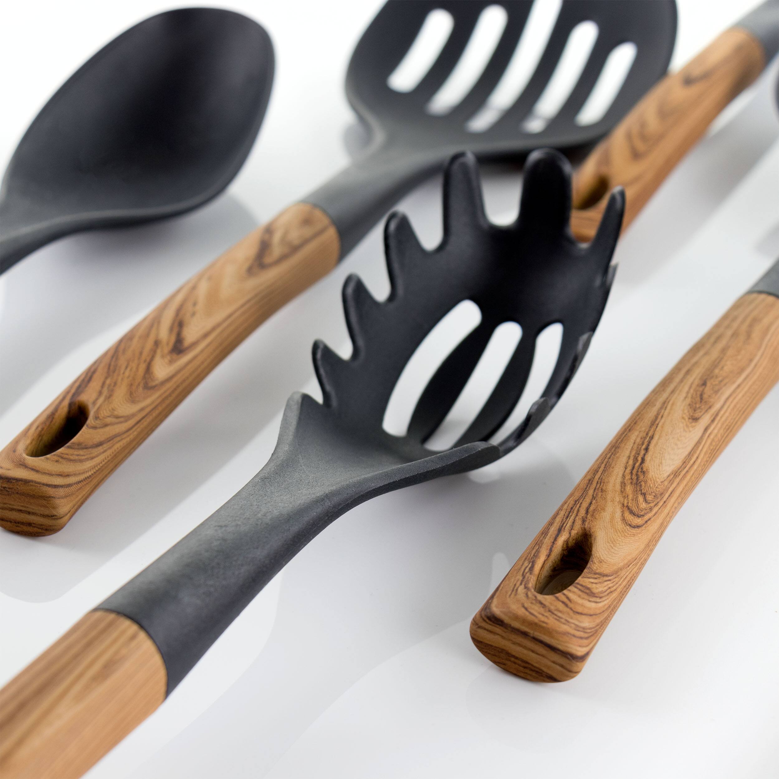 Alt View 3. MegaChef - MegaChef Black Nylon Cooking Utensils with Wood Design, Set of 7 - Black.
