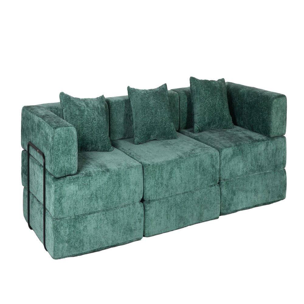 Back. Resenkos - Boneless Modular Sectional Sofa, Convertible Floor Bed with Fixed Frame and Chenille Fabric, Dark Green - Green.
