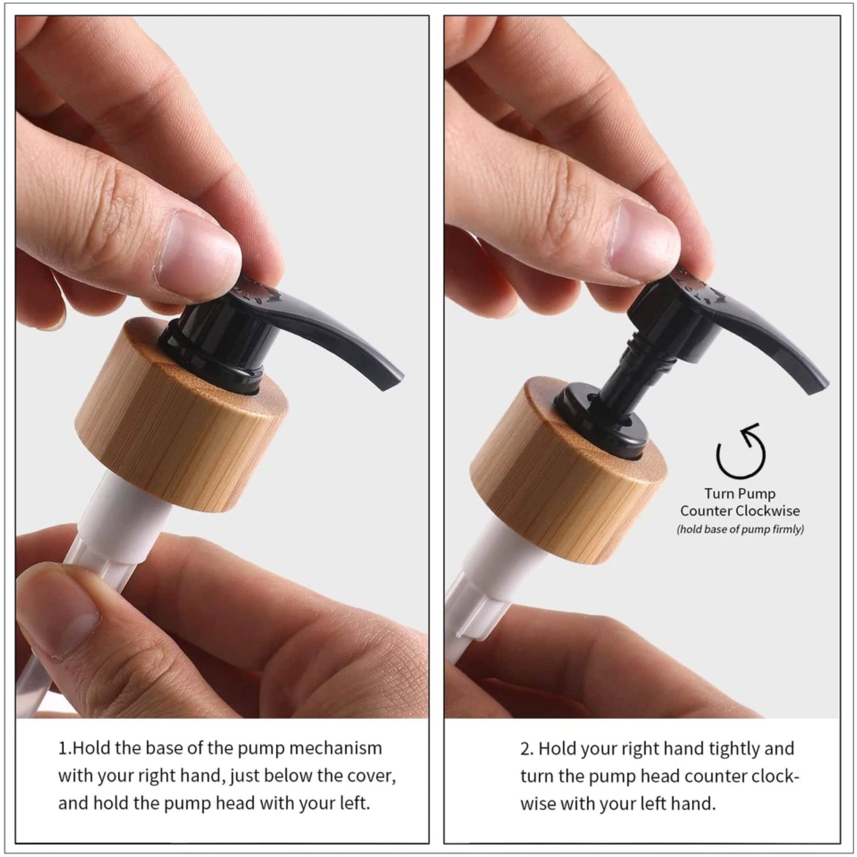 Turn Pump Counter Clockwise (hold base of pump firmly)  
1. Hold the base of the pump mechanism with your right hand, just below the cover, and hold the pump head with your left.  
2. Hold your right hand tightly and turn the pump head counter clockwise with your left hand.