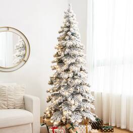 Glitzhome - 7.5ft Pre-Lit Flocked Layered Slim Spruce Artificial Christmas Tree with 350 Lights - White