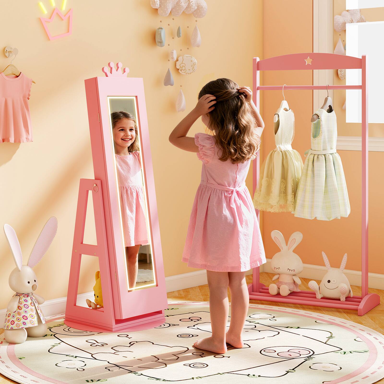 Alt View 4. Gymax - Gymax Swivel Kids Jewelry Cabinet w/ Lights Full-Length Mirror & Built-in Mirror Pink - Pink.