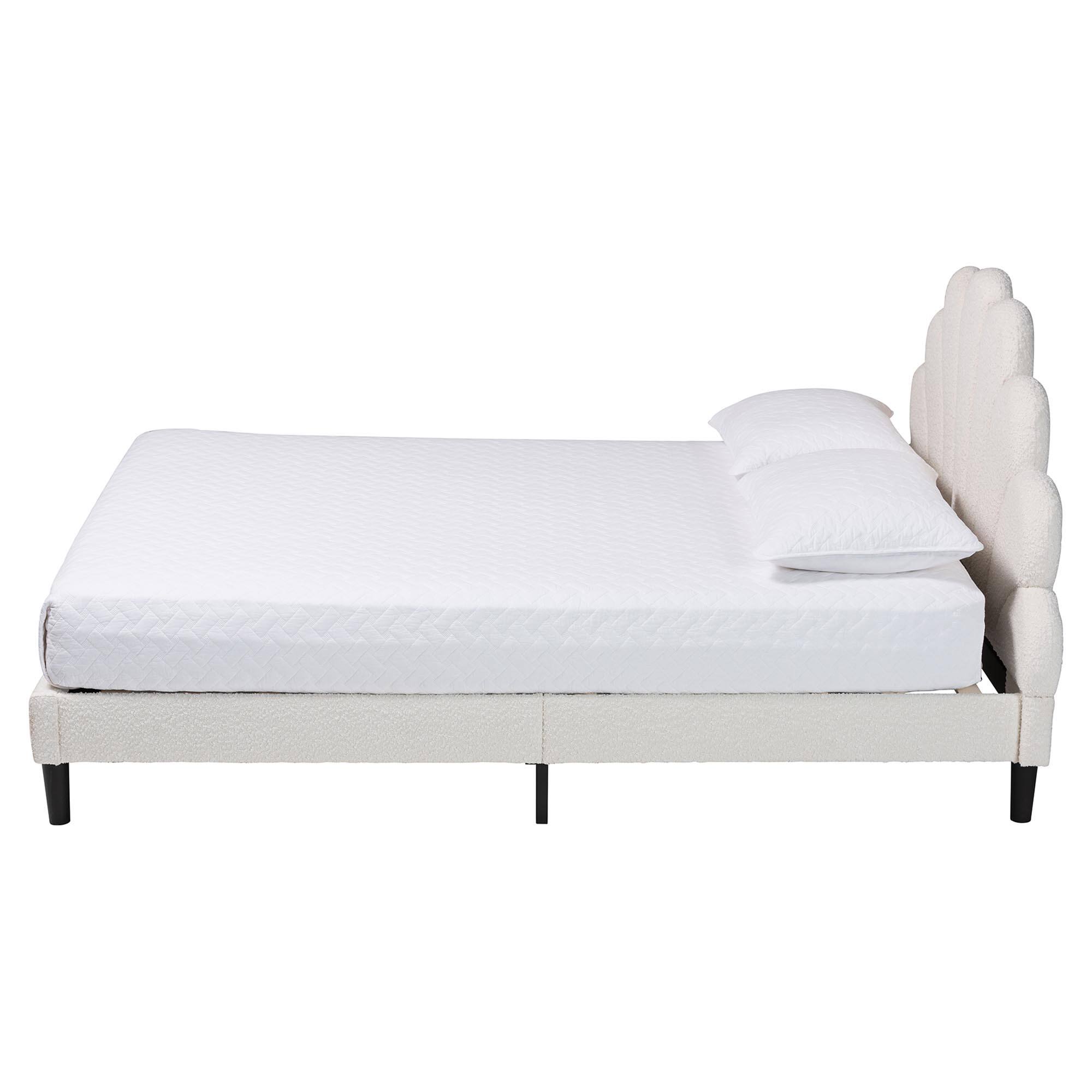 Angle. Baxton Studio - Albion Boucle Upholstered Platform Bed – Soft Fabric Queen Size Bed Frame with Padded Headboard - Cream.