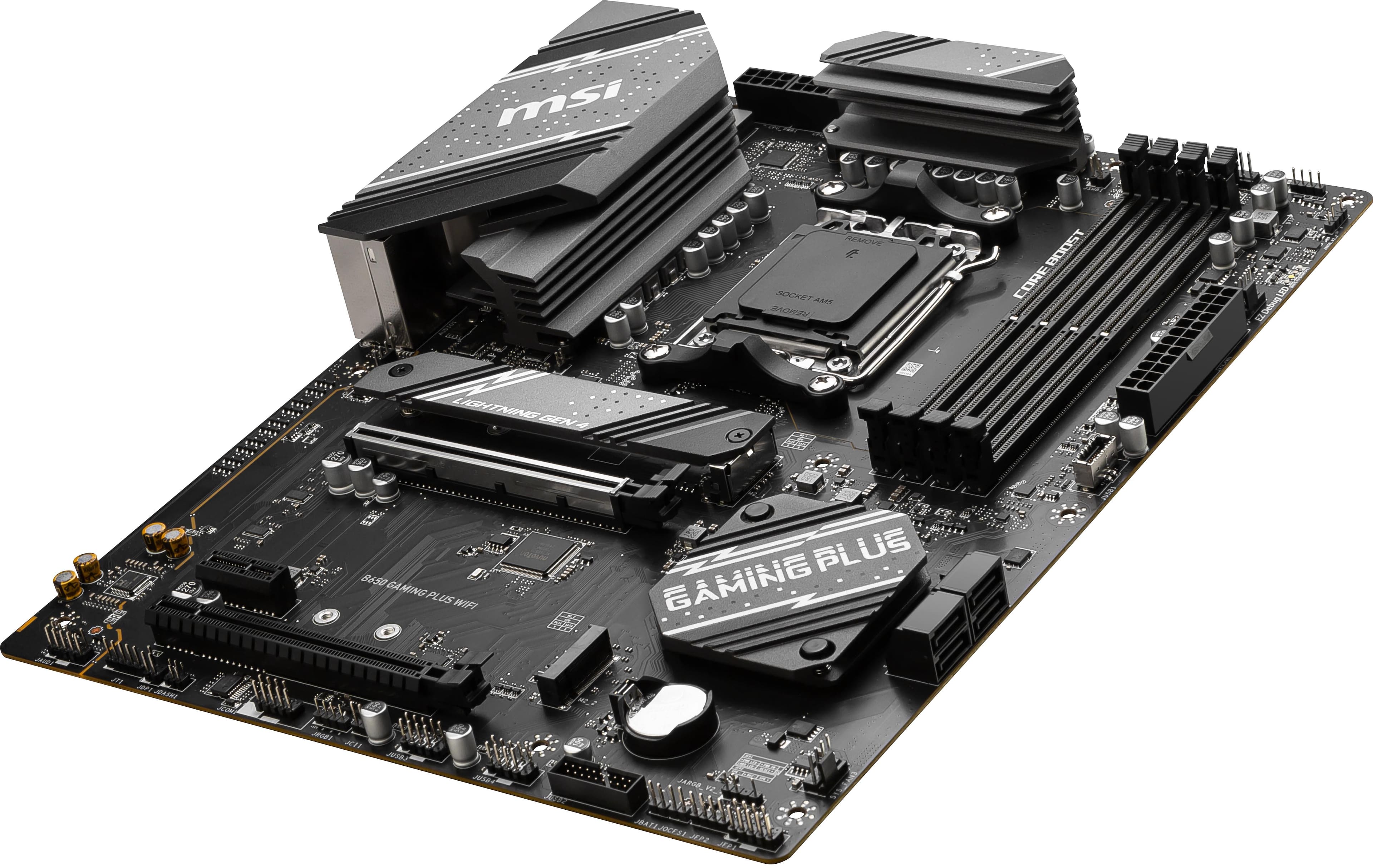 MSI is the brand of the computer motherboard shown in the image. The motherboard features a lightning core boost and a wifi plus module. It is designed to support the Intel Core i677 processor and is equipped with a B650 chipset. The motherboard also has a USB 3.0 port and a USB 2.0 port, as well as a PCIe slot for additional expansion.
