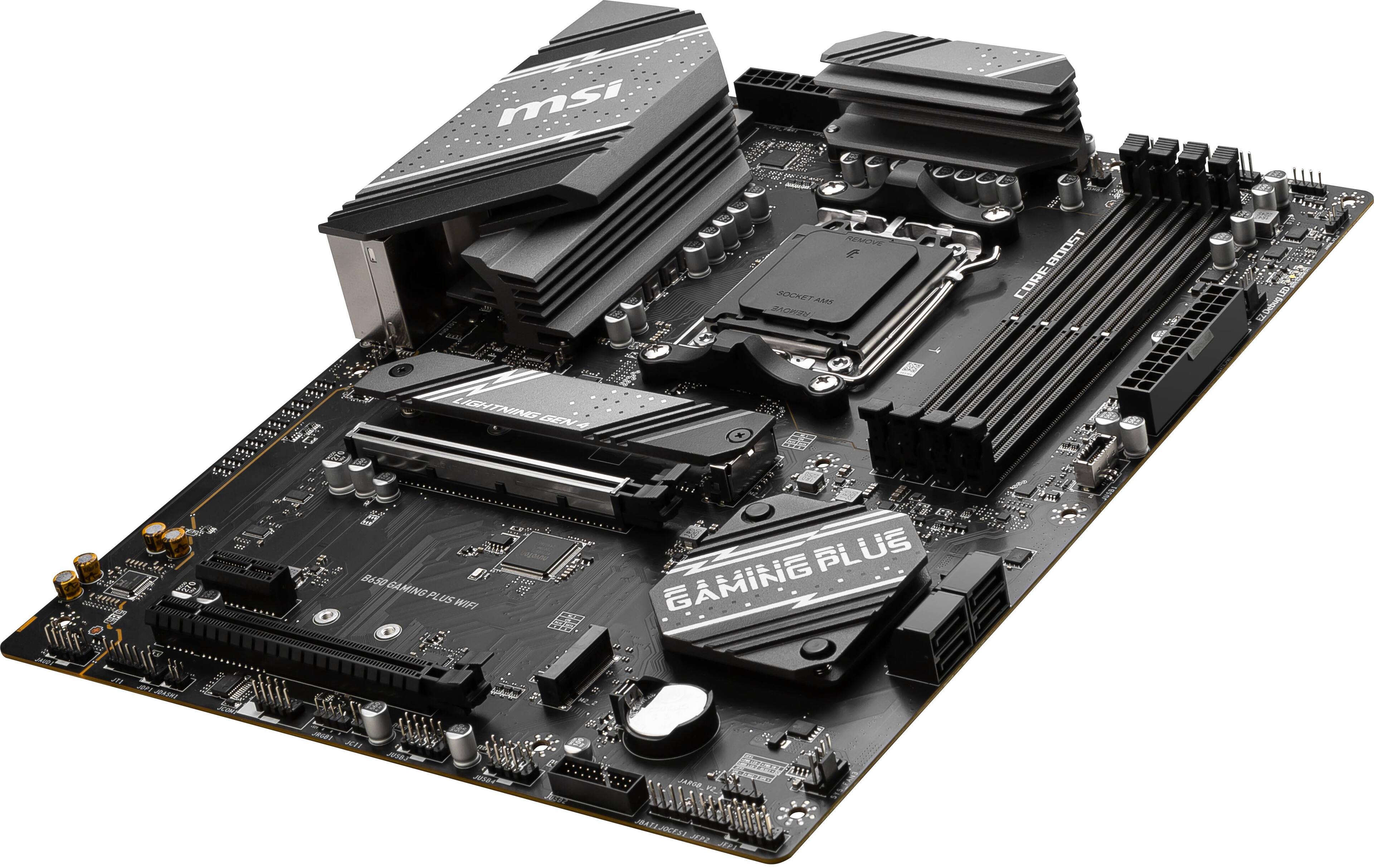 MSI is the brand of the computer motherboard shown in the image. The motherboard features a lightning core boost and a wifi plus module. It is designed to support the Intel Core i677 processor and is equipped with a B650 chipset. The motherboard also has a USB 3.0 port and a USB 2.0 port, as well as a PCIe slot for additional expansion.