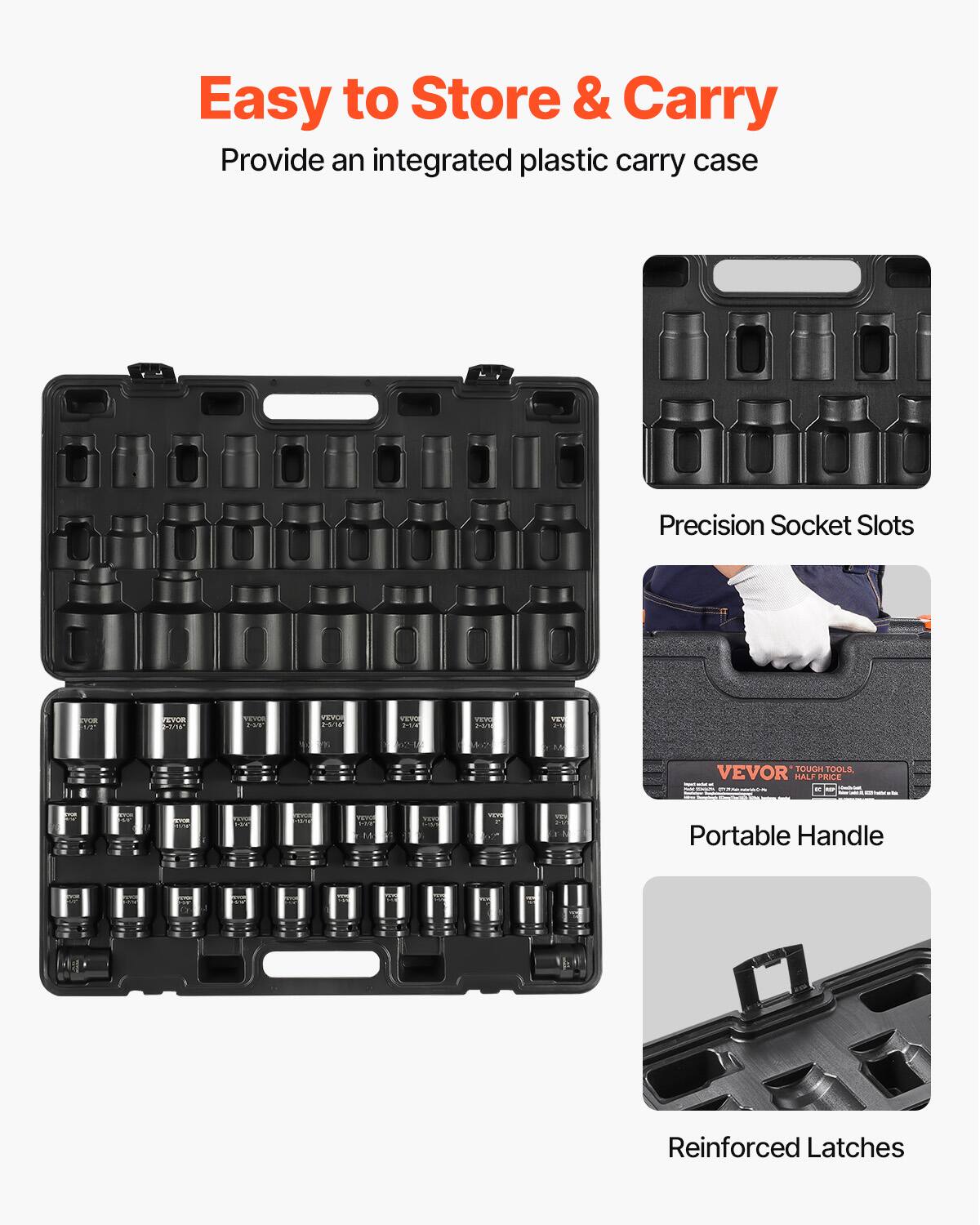 Easy to Store & Carry
Provide an integrated plastic carry case
Precision Socket Slots
Portable Handle
Reinforced Latches