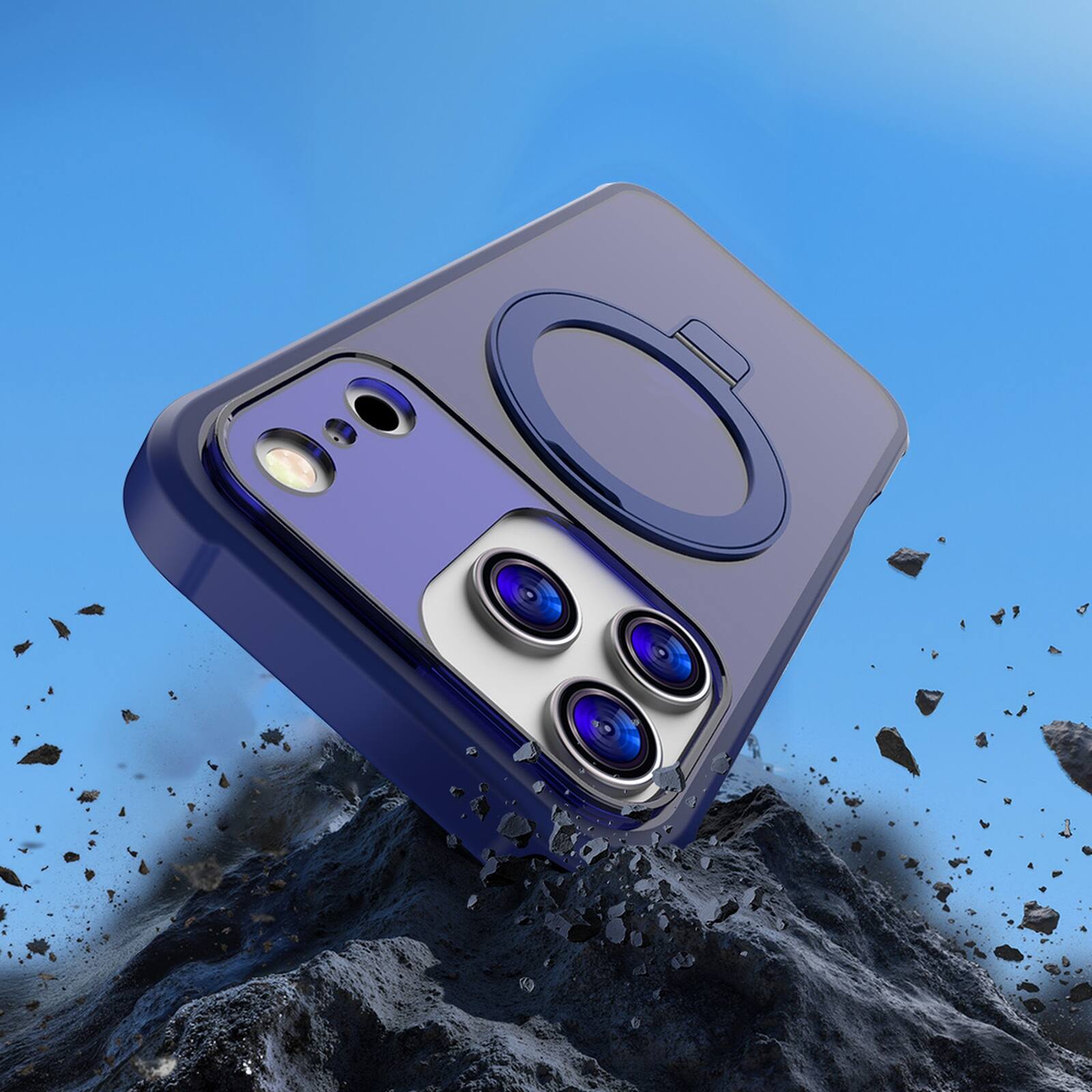 Back. Dteck - Matte Case for Apple iPhone 17 Pro Max,Compatible with Mag-Safe,Rugged PC+TPU Cover with Invisible Ring Stand - Darkblue.