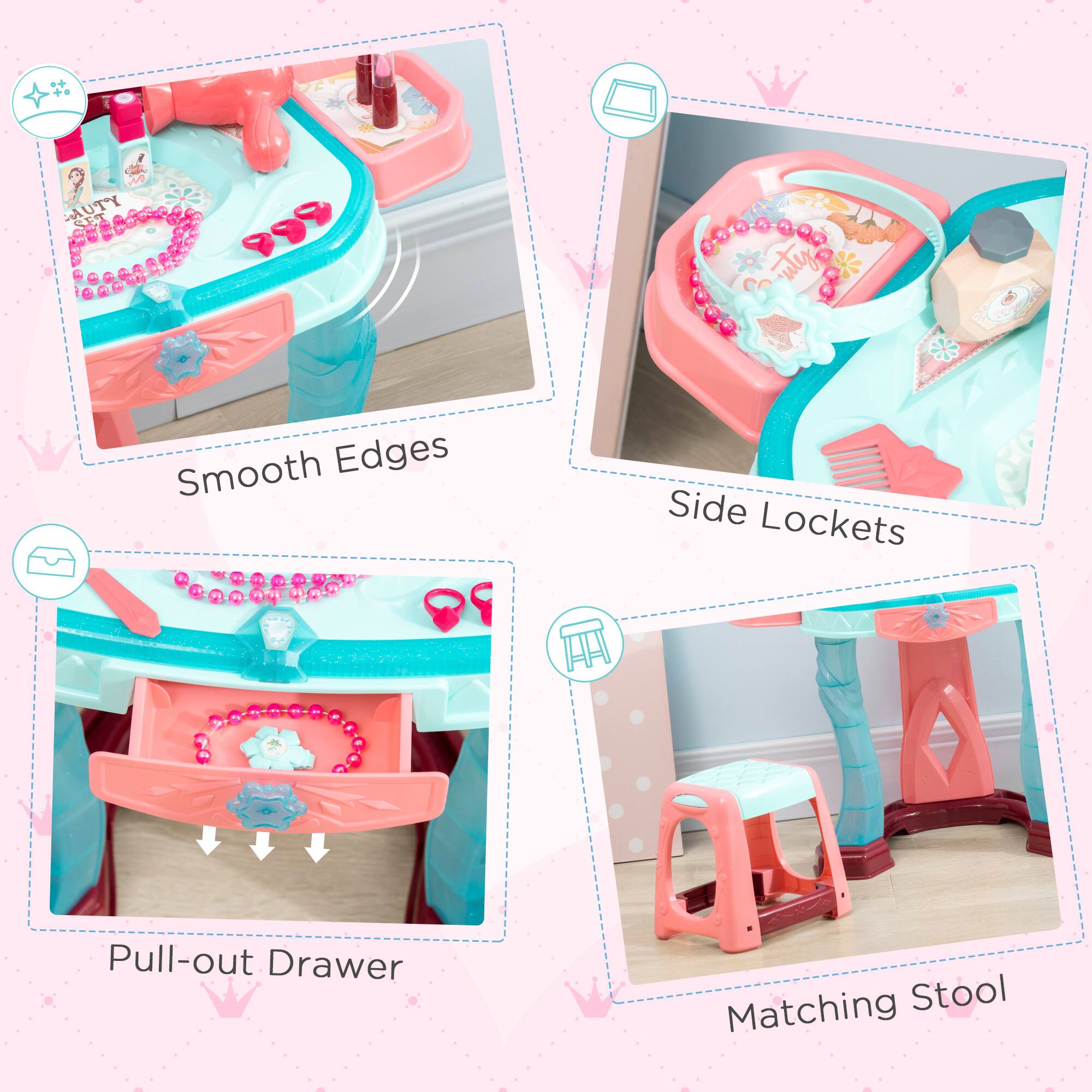 - Smooth Edges
- Side Lockets
- Pull-out Drawer
- Matching Stool