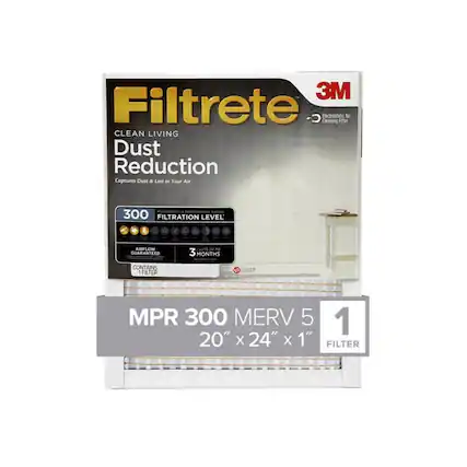 3M Filtrete C+ Oeaning Electrostatic Filter
CLEAN LIVING Dust Reduction
Captures Dust & Lint in Your Air
PERFORMANCE 300 FILTRATION LEVEL
AIRFLOW GUARANTEED
LASTS UP TO 3 MONTHS
CONTAINS FILTER
site NO stor0
MPR 300
MERV 5
1 20" X 24" X 1" FILTER