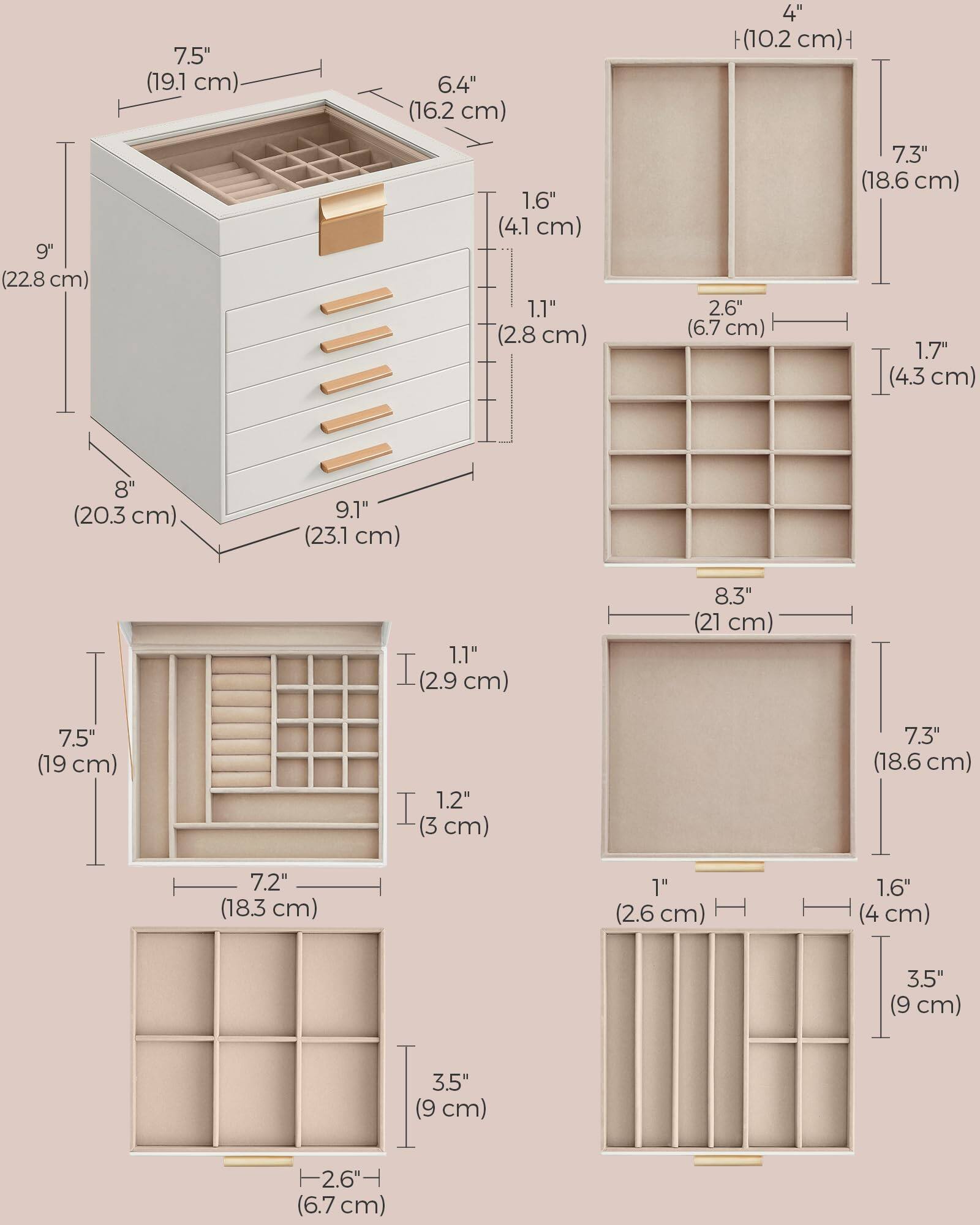 Sure, here is the corrected and grouped text from the image:

- 7.5" (19.1 cm)
- 6.4" (16.2 cm)
- 4" (10.2 cm)
- 9" (22.8 cm)
- 1.6" (4.1 cm)
- 1.1" (2.8 cm)
- 2.6" (6.7 cm)
- 7.3" (18.6 cm)
- 1.7" (4.3 cm)
- 8" (20.3 cm)
- 9.1" (23.1 cm)
- 1.1" (2.9 cm)
- 8.3" (21 cm)
- 7.5" (19 cm)
- 1.2" (3 cm)
- 7.3" (18.6 cm)
- 7.2" (18.3 cm)
- 1" (2.6 cm)
- 1.6" (4 cm)
- 3.5" (9 cm)
- 3.5" (9 cm)
