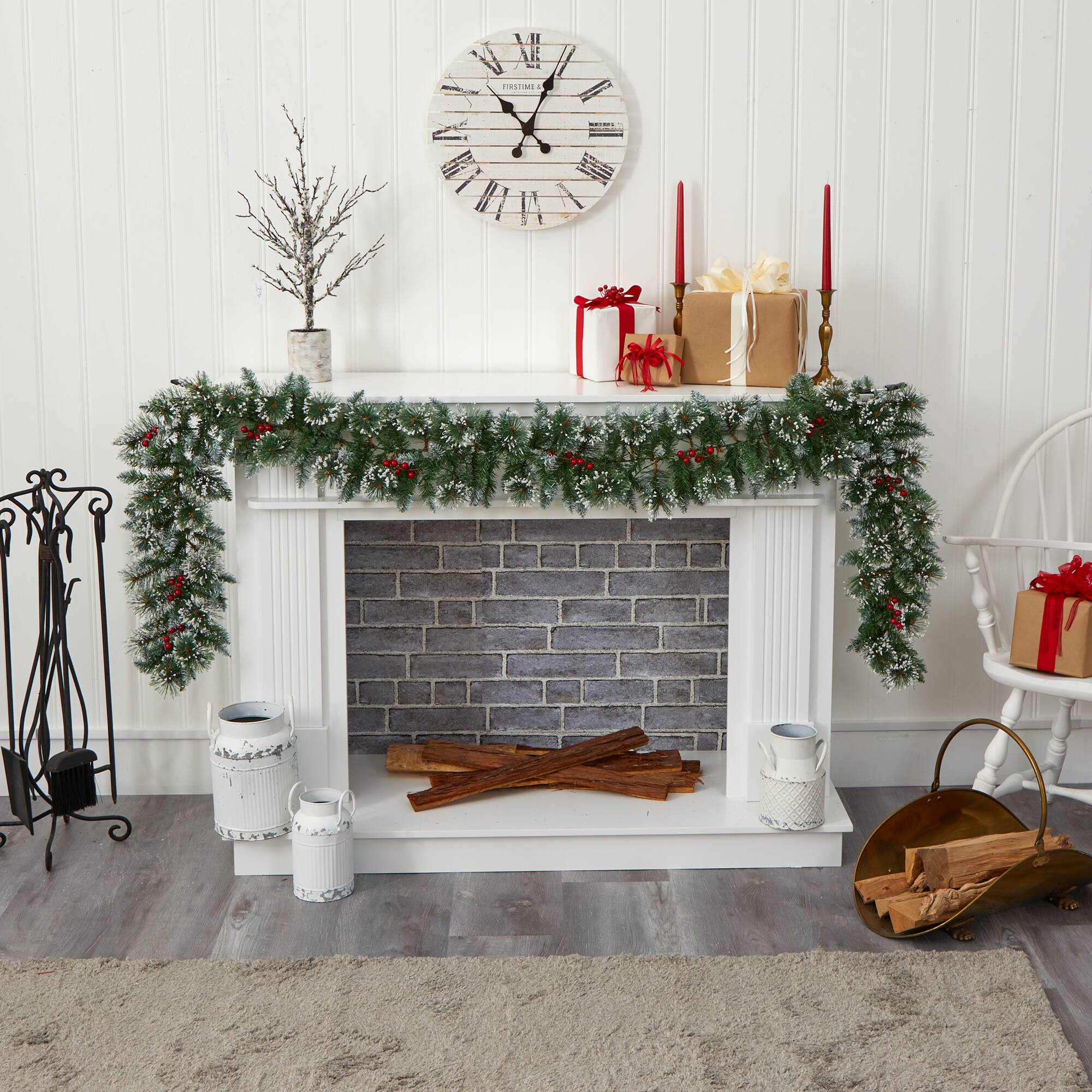 Alt View 1. BreeBe - 9’ Frosted Swiss Pine Garland with 50 Clear LEDs and Berries - Green.