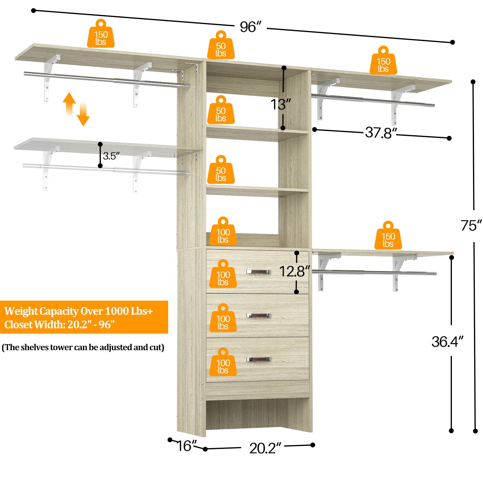 150 lbs  
50 lbs  
96"  
150 lbs  
50 lbs  
13"  
37.8"  
M  
3.5"  
50 lbs  
100 lbs  
150 lbs  
75"  
100 lbs  
12.8"  
Weight Capacity Over 1000 Lbs+  
Closet Width: 20.2" - 96"  
(The shelves tower can be adjusted and cut)  
100 lbs  
100 lbs  
36.4"  
16"  
20.2"