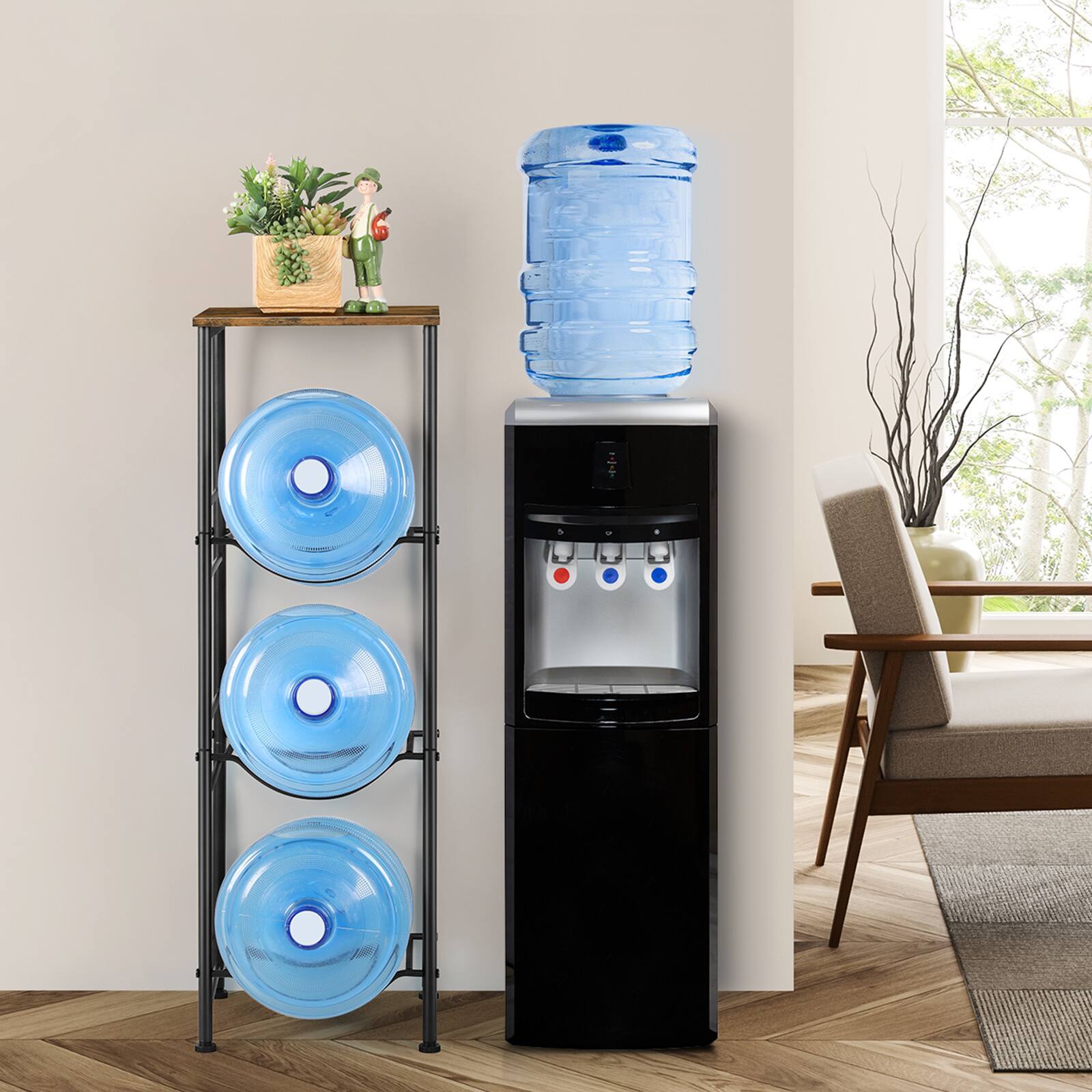 Alt View 3. Oumilen - 3-Tier Water Bottle Storage Rack with Top Wooden Shelf, 5 Gallon Water Jug Holder with Rustic Wood Board - Brown.
