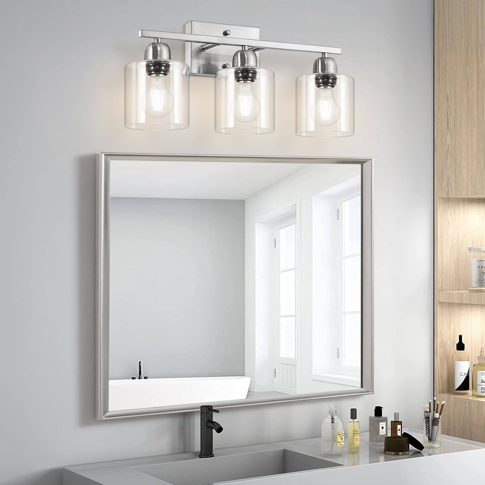 Alt View 5. Earthley Blooms - Modern Brushed Nickel Light Inch Vanity Lights For Bathroom With Clear Glass Lighting Fixtures Over Mirror - Nickel 3-Light.