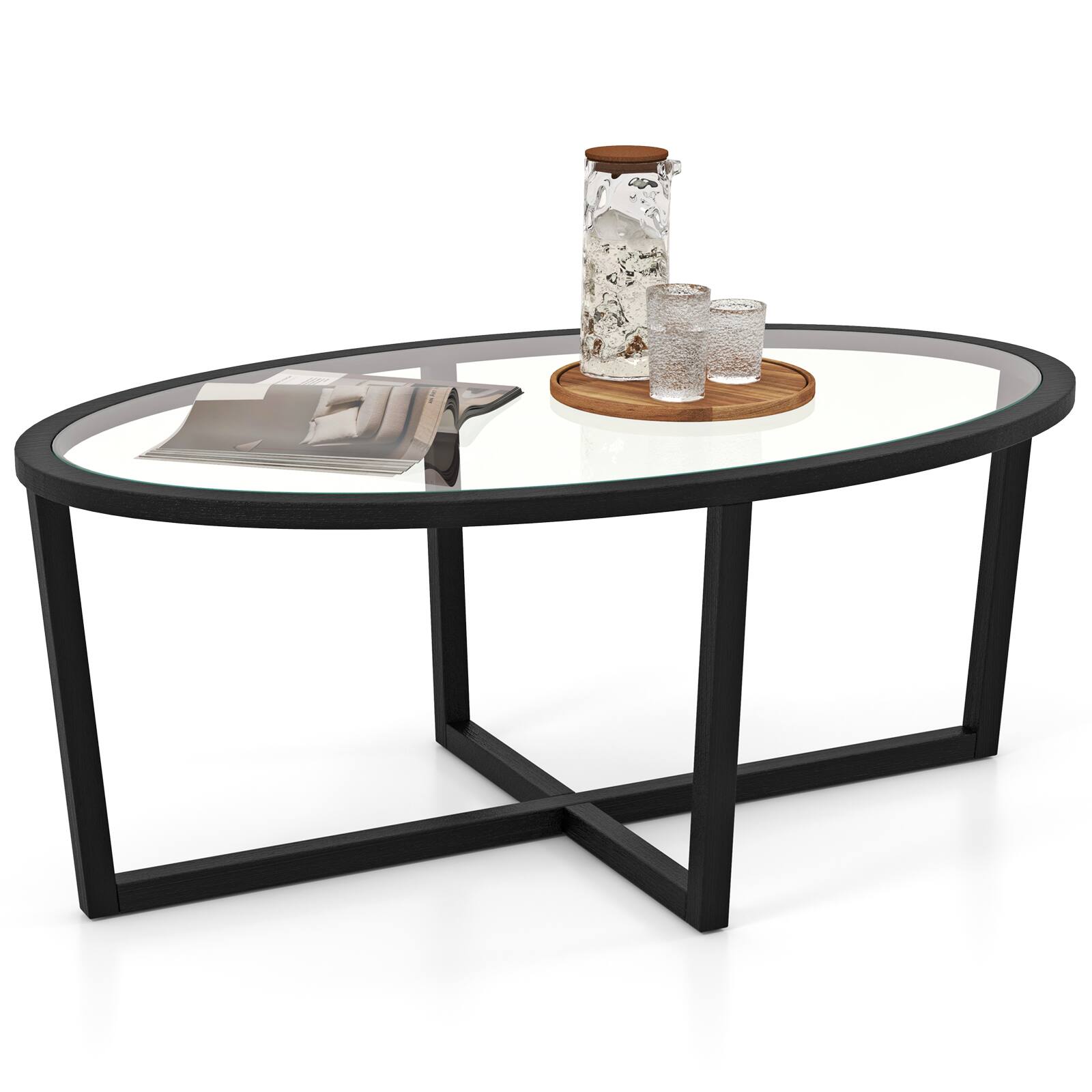 Front. Ecooso - Oval Glass Coffee Table with Cross Base and Wood Legs, Modern Center Table for Living Room - Black.