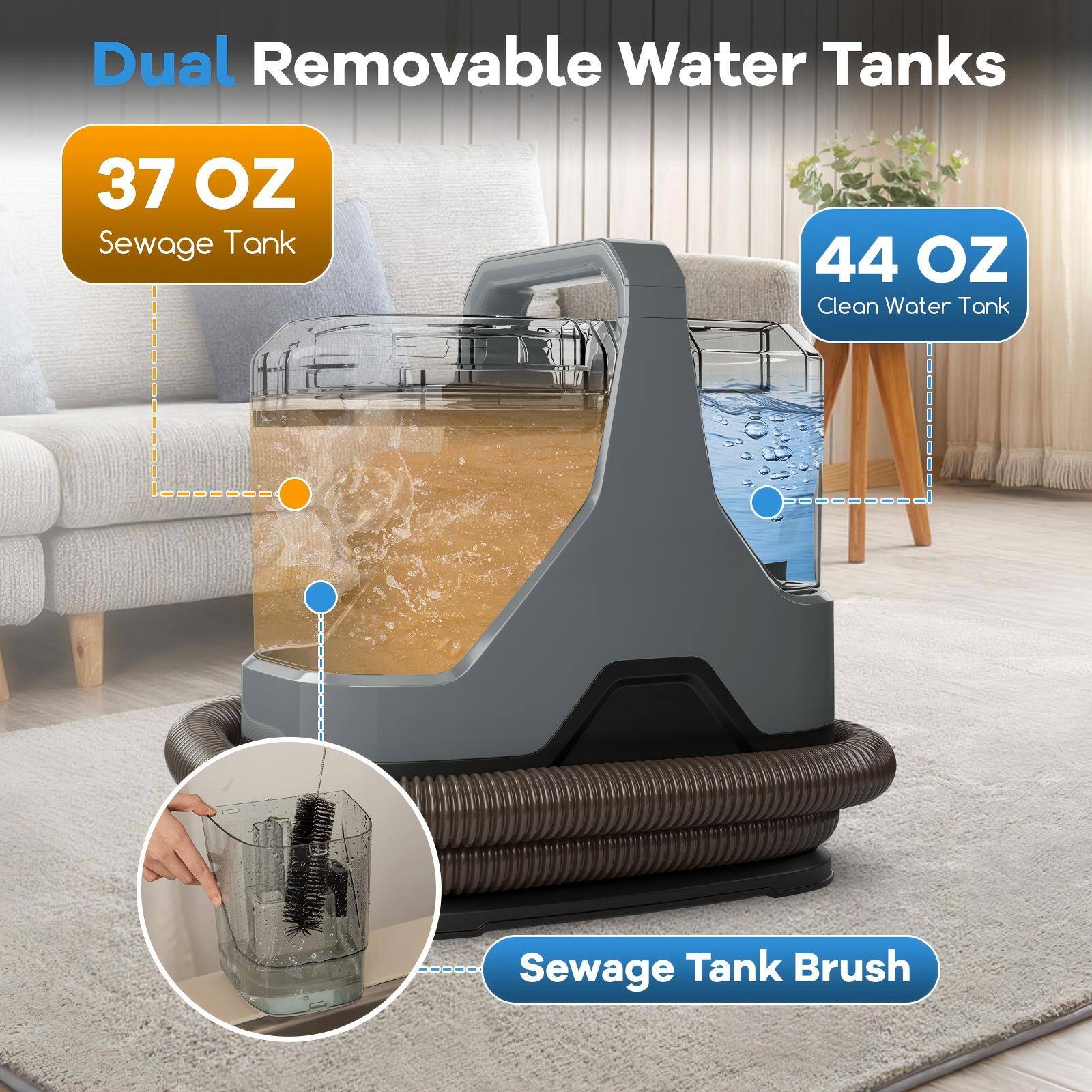 Dual Removable Water Tanks

37 OZ Sewage Tank

44 OZ Clean Water Tank

Sewage Tank Brush
