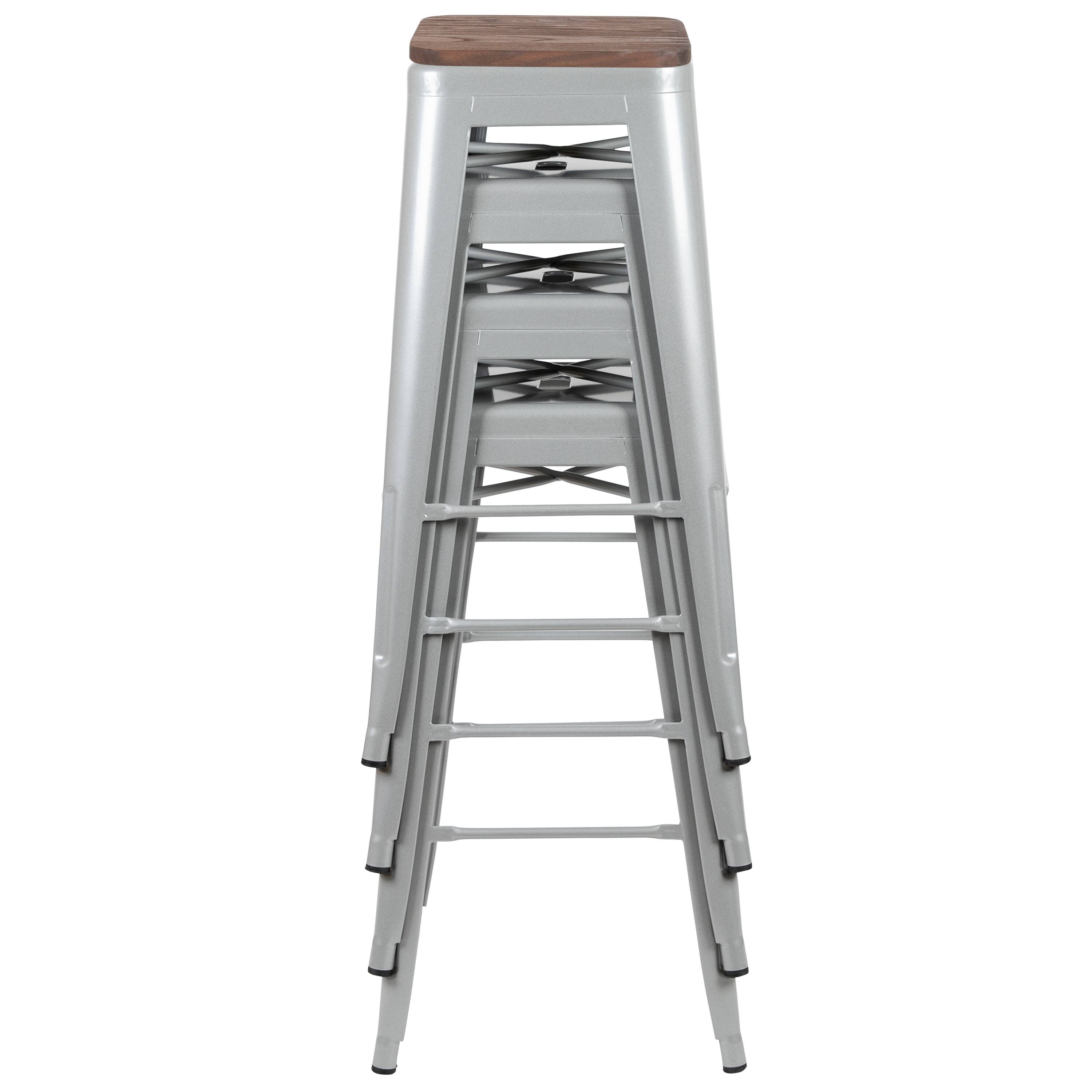 Alt View 10. Emma + Oliver - 30" High Metal Indoor Bar Stool with Wood Seat - Stackable Set of 4 - Silver.