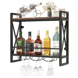 Costway - Wall Mounted Wine Rack with 2-Tier Shelves 3 Glass Holders Sturdy Metal Frame - Rustic Brown