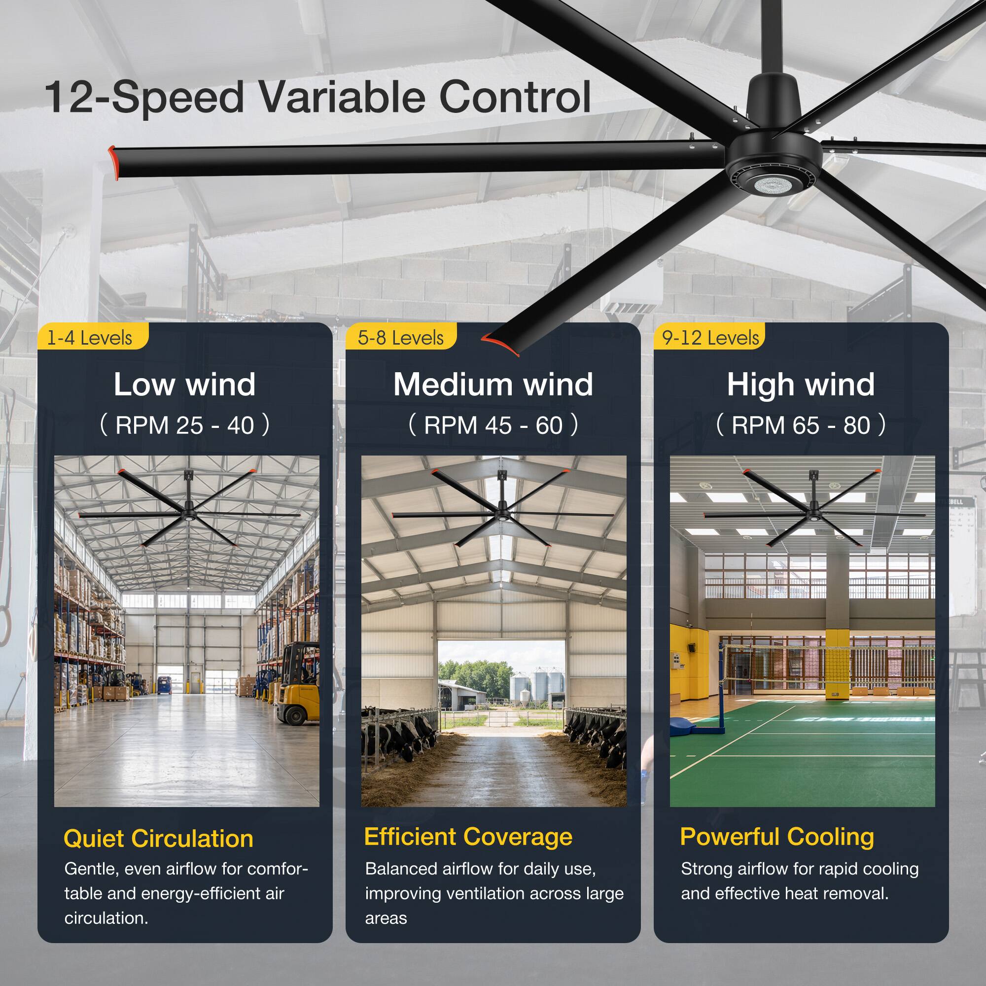 12-Speed Variable Control

1-4 Levels
Low wind (RPM 25 - 40)

5-8 Levels
Medium wind (RPM 45 - 60)

9-12 Levels
High wind (RPM 65 - 80)

Quiet Circulation
Gentle, even airflow for comfortable and energy-efficient air circulation.

Efficient Coverage
Balanced airflow for daily use, improving ventilation across large areas.

Powerful Cooling
Strong airflow for rapid cooling and effective heat removal.
