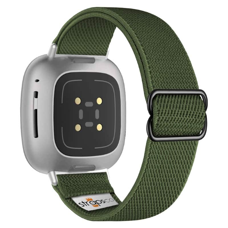 StrapsCo - Nylon Stretch Watch Band Strap For Fitbit Sense - Army Green (Silver Hardware)